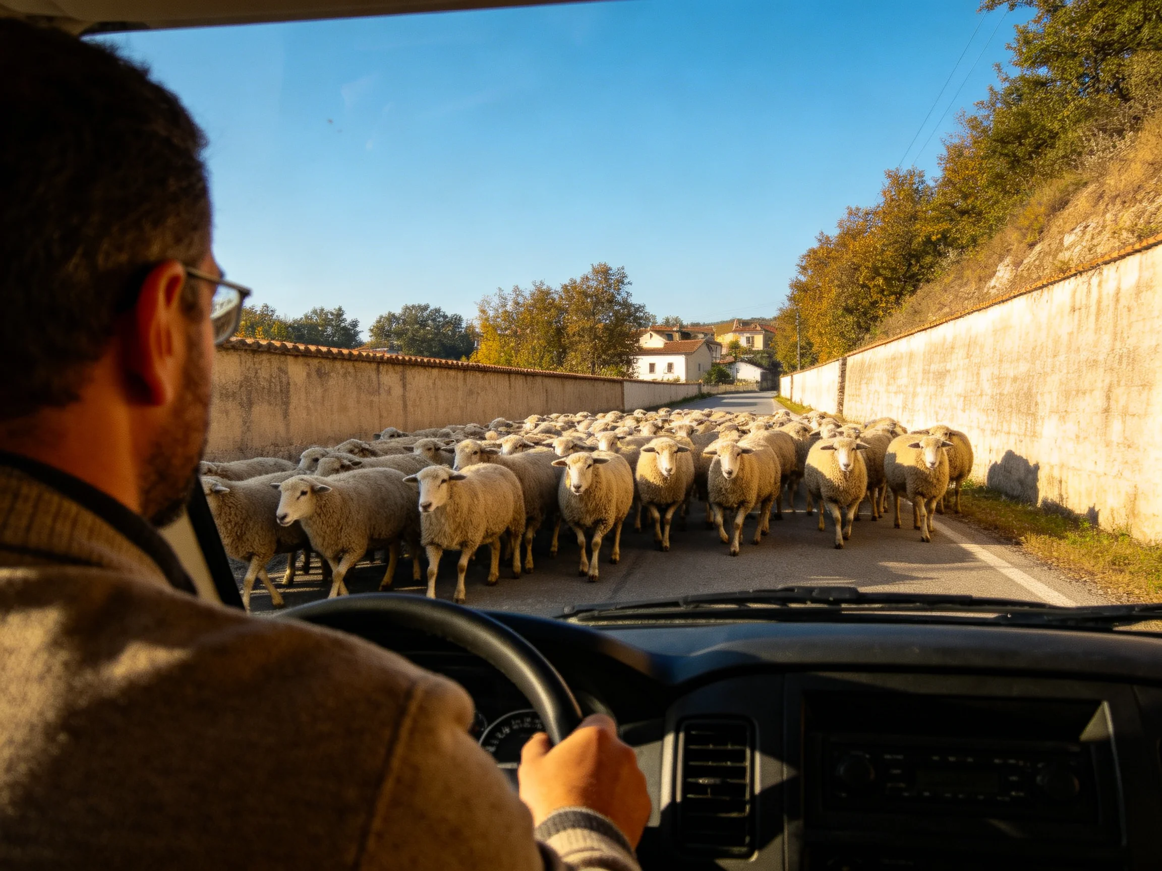 A man drives past a large flock of sheep on a narrow country road