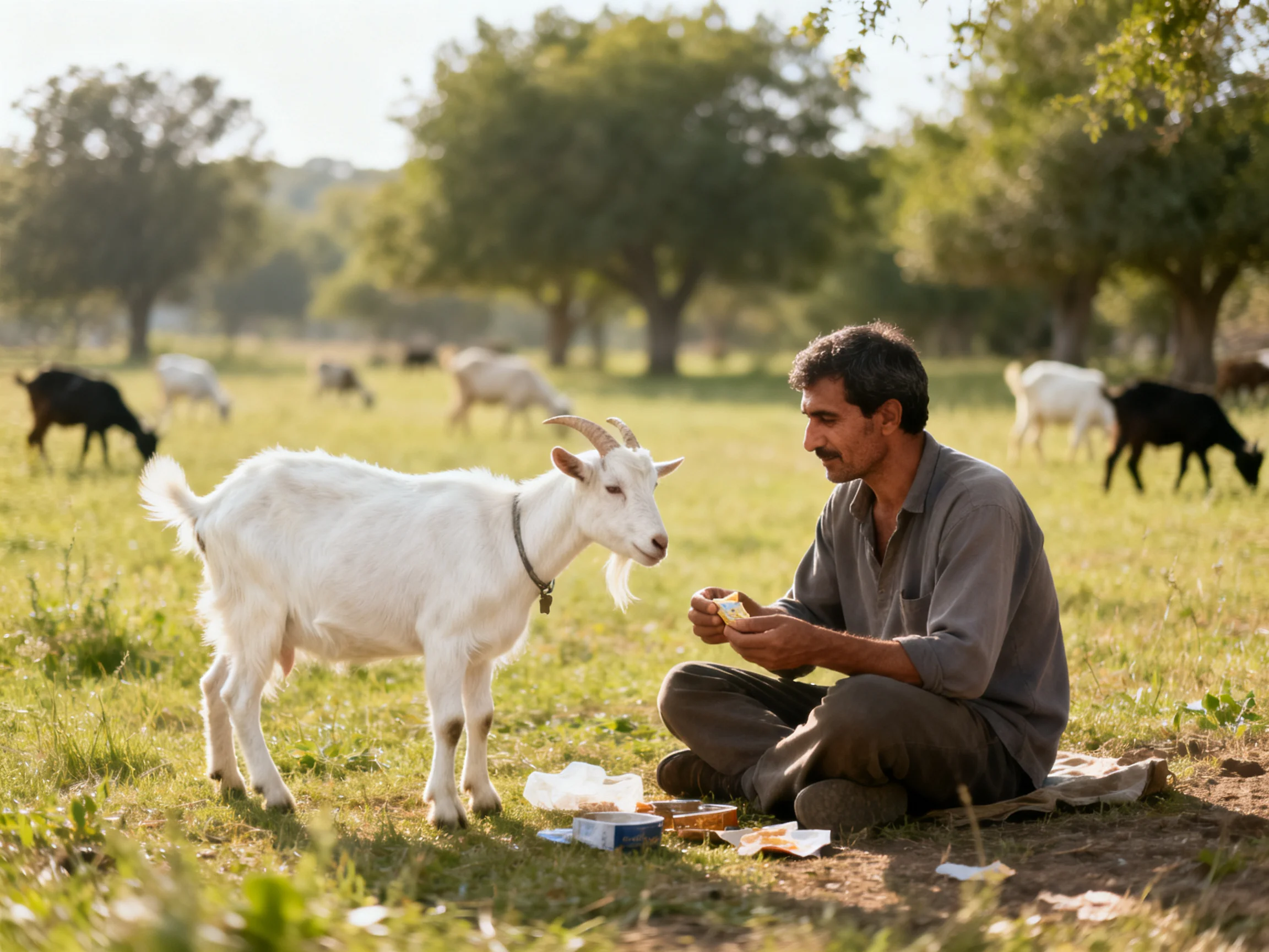 A man feeding a white goat in a sunlit rural field