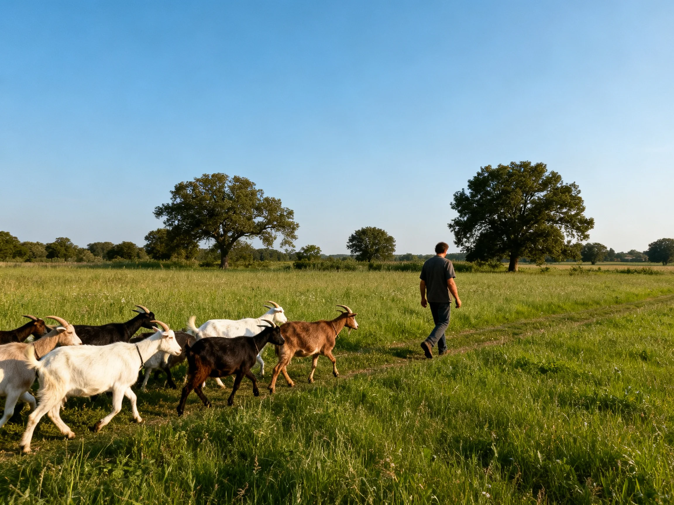 A man herding multicolored goats through a lush green meadow
