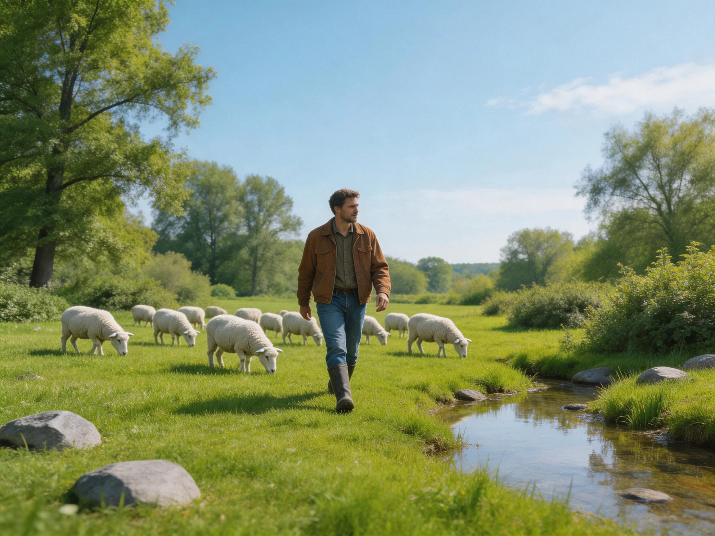 A man herding sheep by a stream in a green meadow