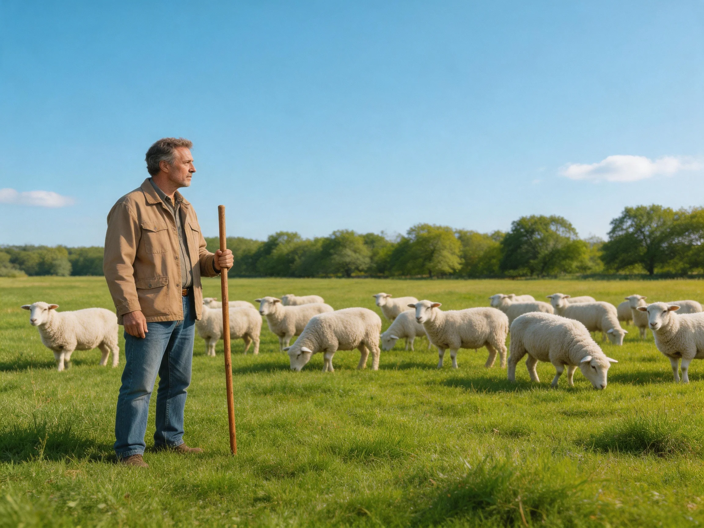 A man herding sheep in a lush green pasture under clear blue sky