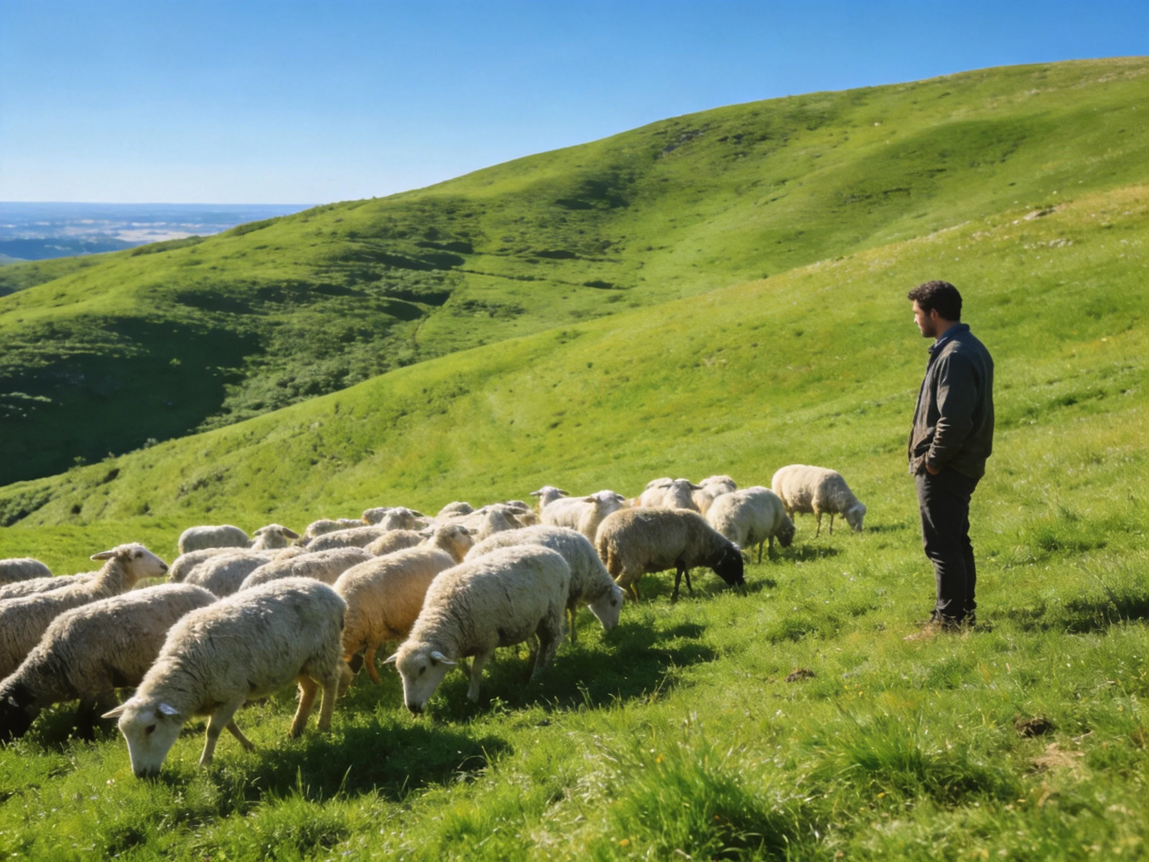 A man herding sheep on rolling green hills