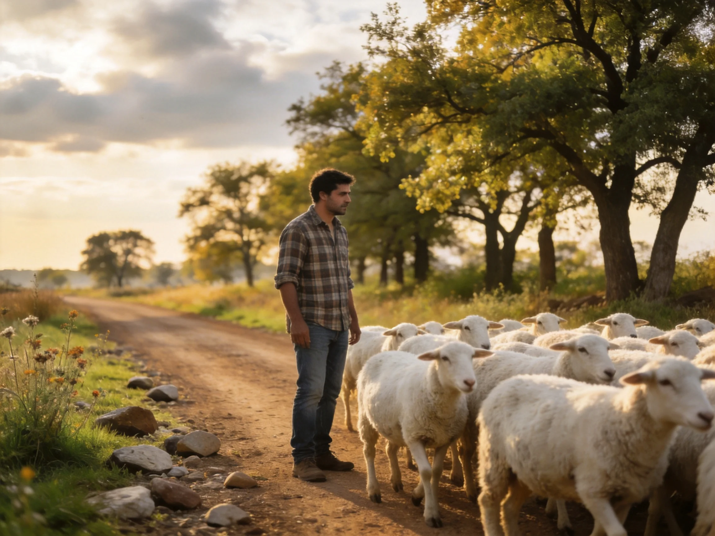 A man herding white sheep along a dusty country path near tall green trees