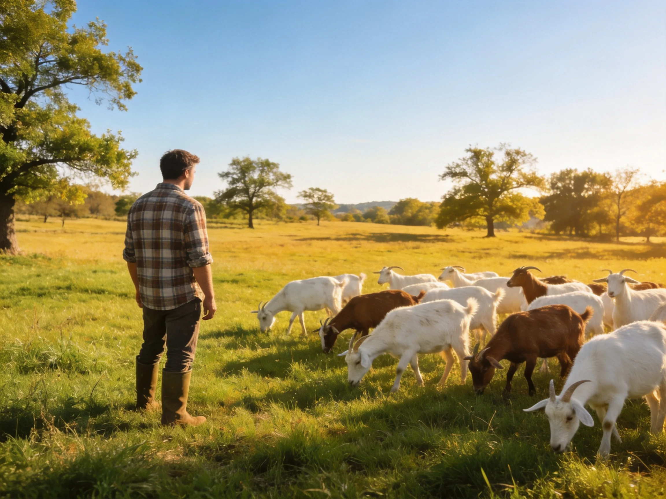 A man herds a mixed group of goats in a sunlit meadow
