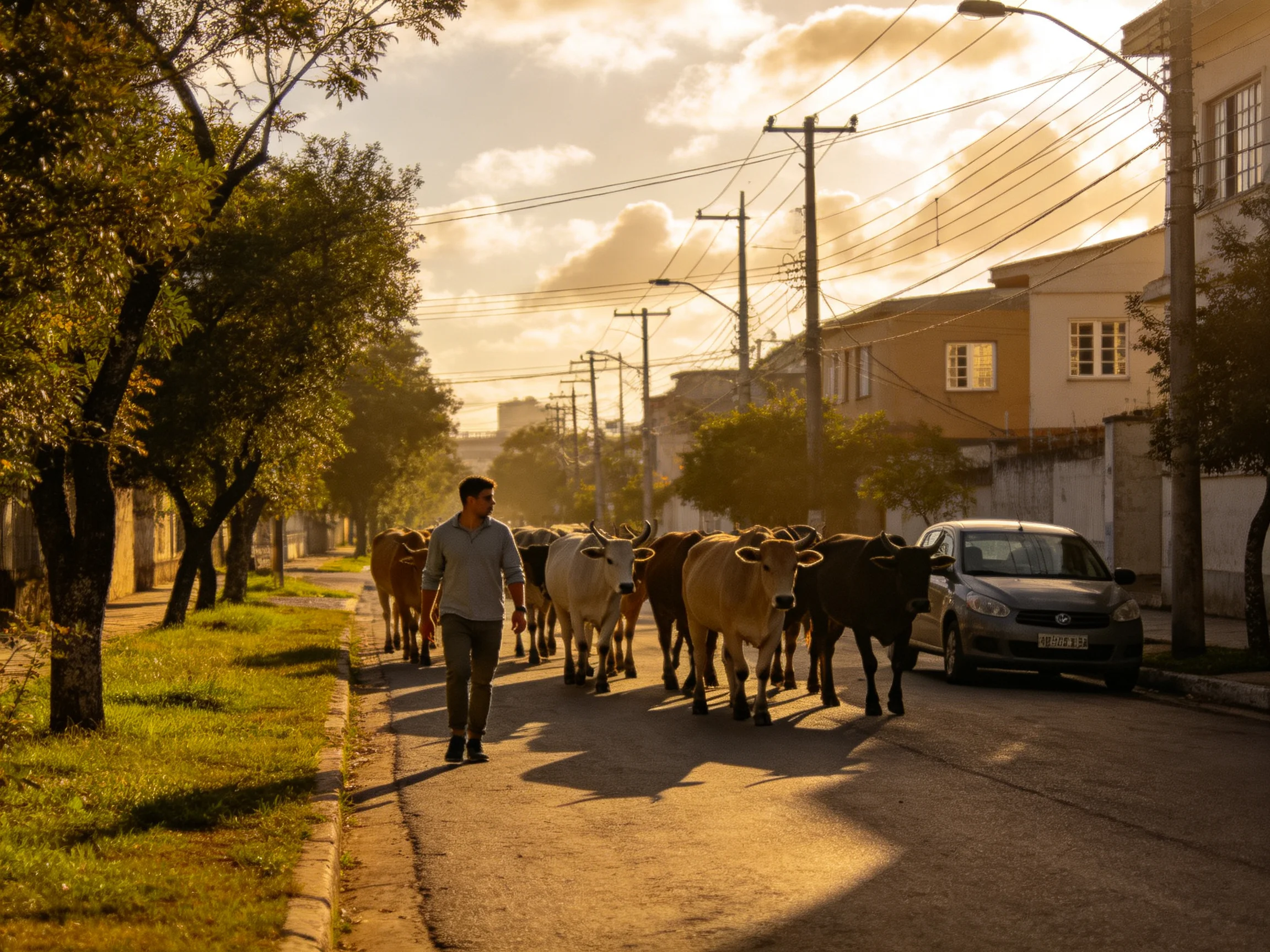 A man herds cattle down a sun-drenched town street
