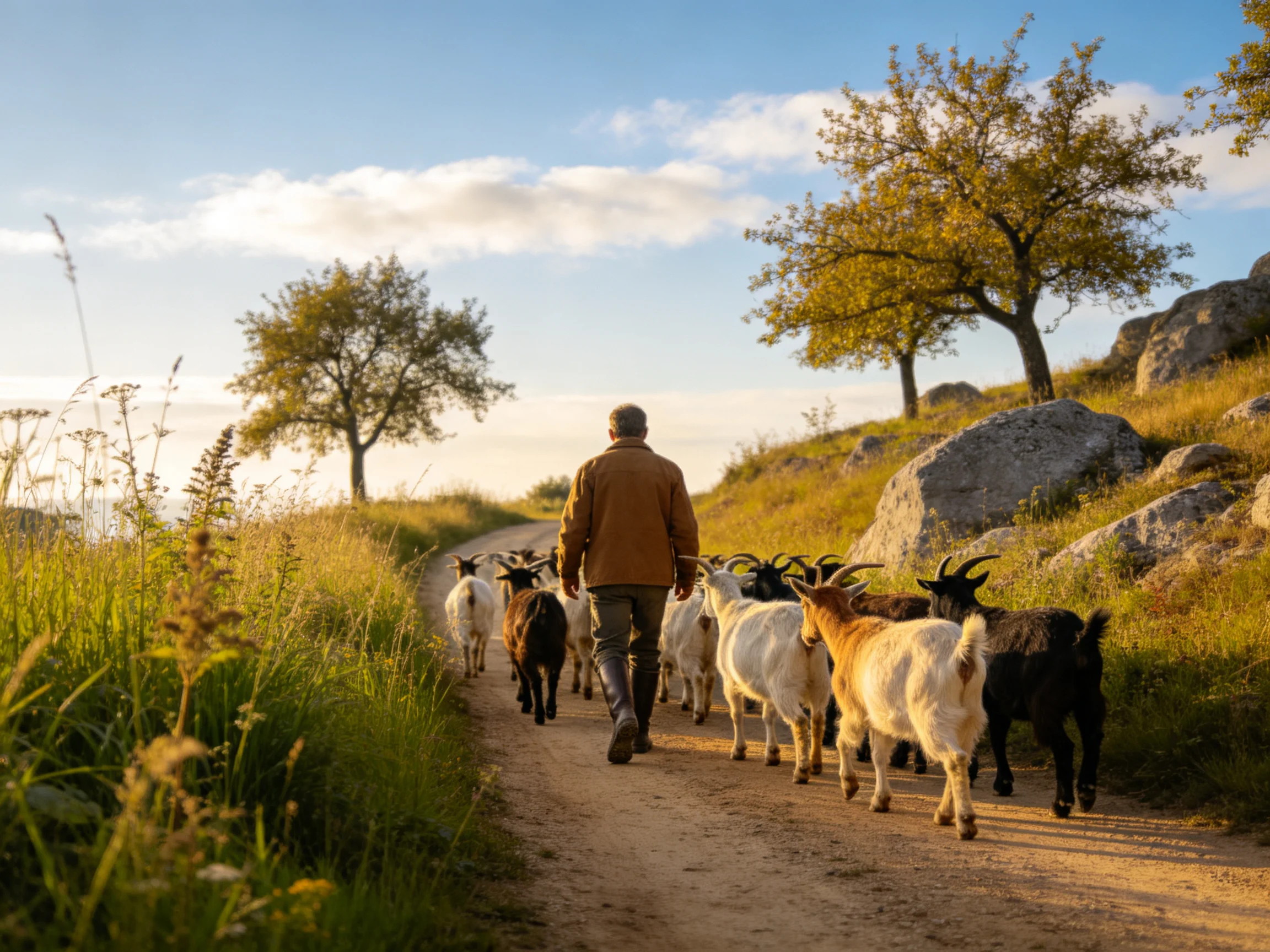 A man herds goats along a sunlit country dirt path