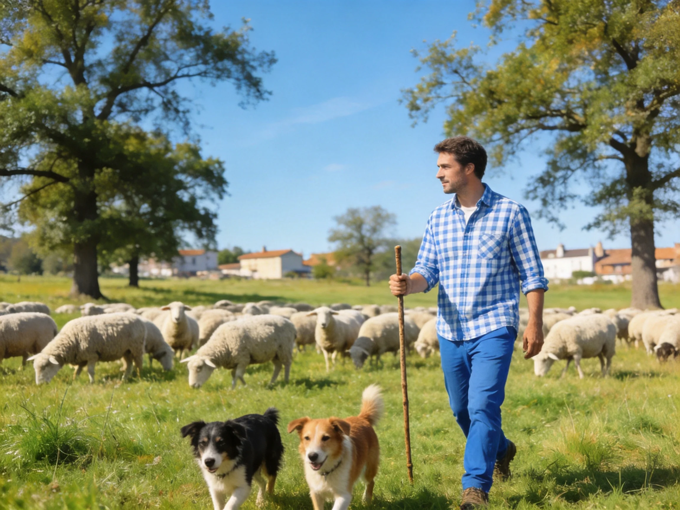 A man herds sheep with two dogs in a sunny pasture