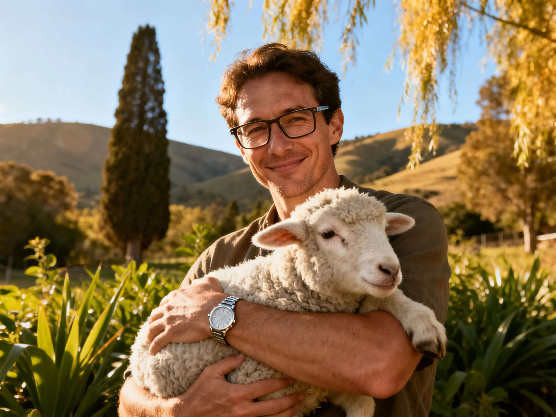 A man holding a fluffy white lamb in a sunny countryside setting