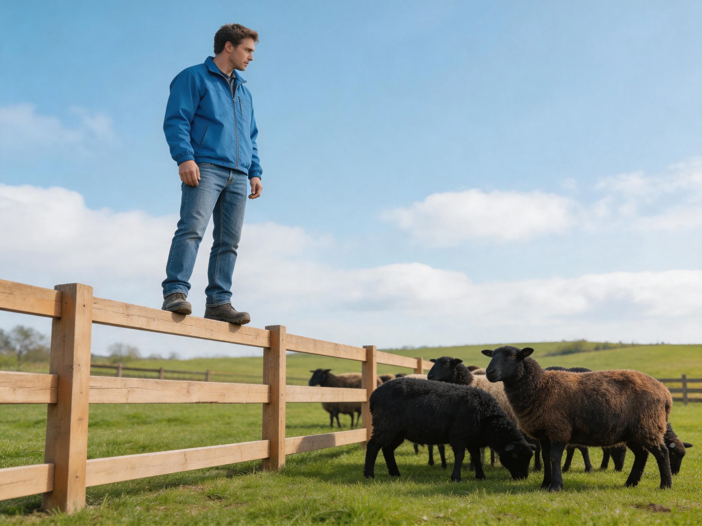 A man in a blue jacket stands on a wooden fence near grazing sheep