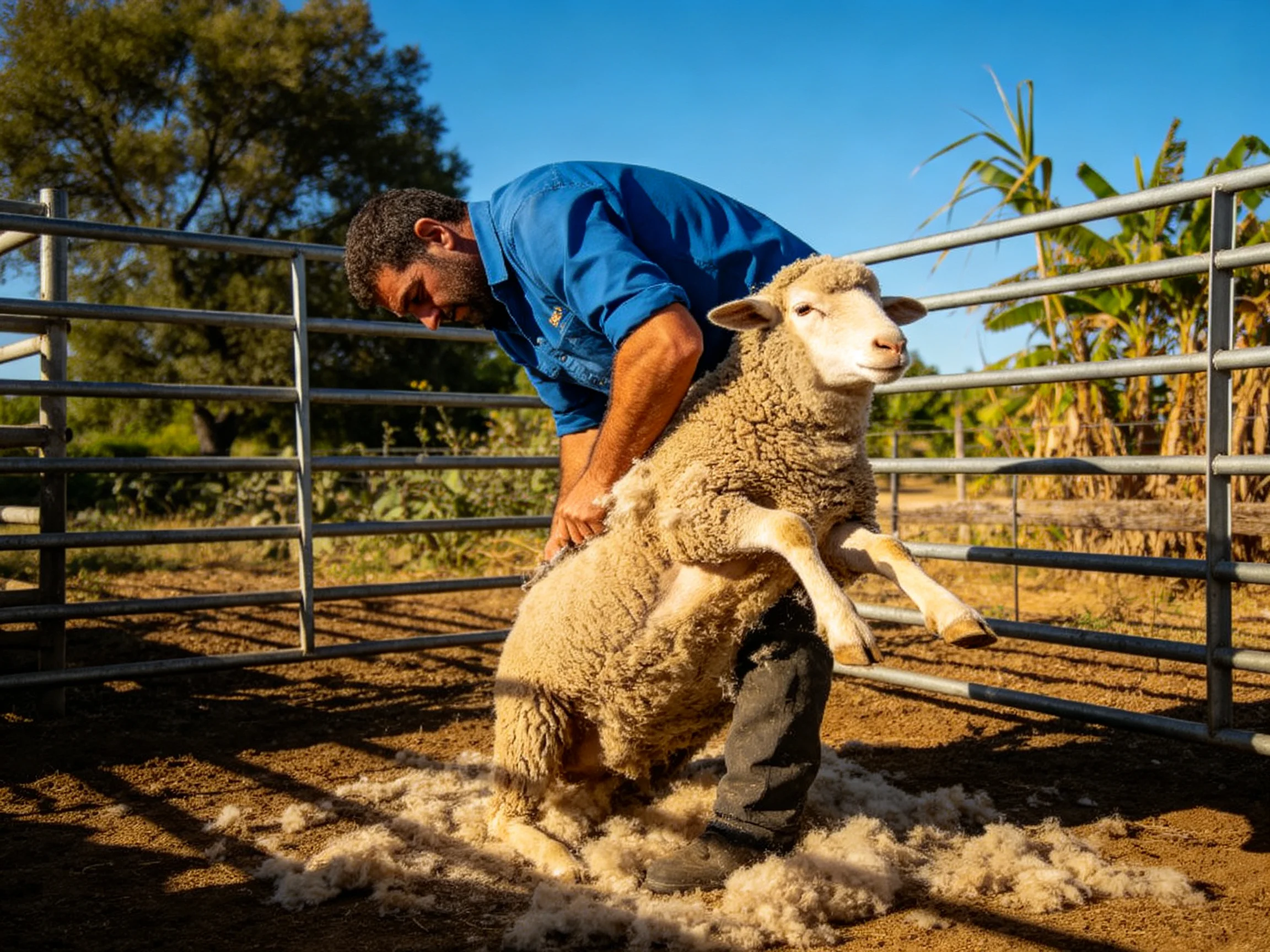 A man in a blue shirt shearing a sheep near metal fencing