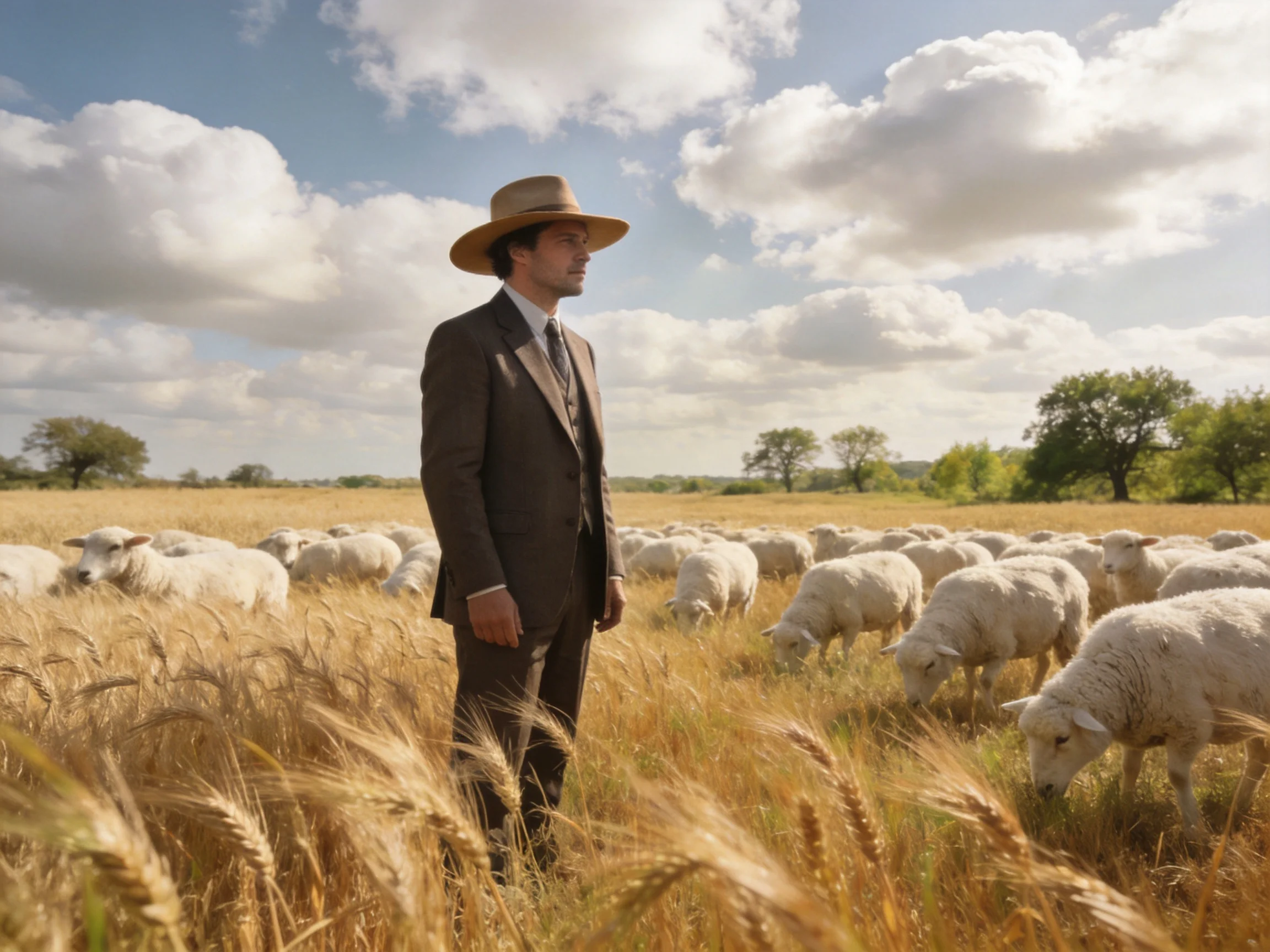 A man in a brown suit among white sheep in golden wheat fields