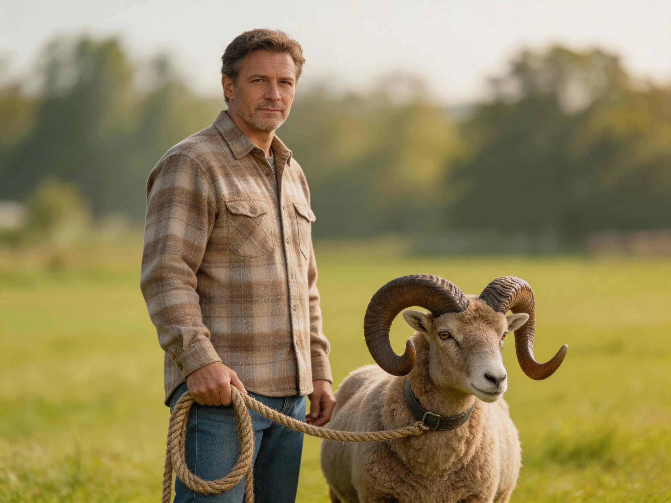 A man in a plaid shirt leads a horned sheep in a sunlit field