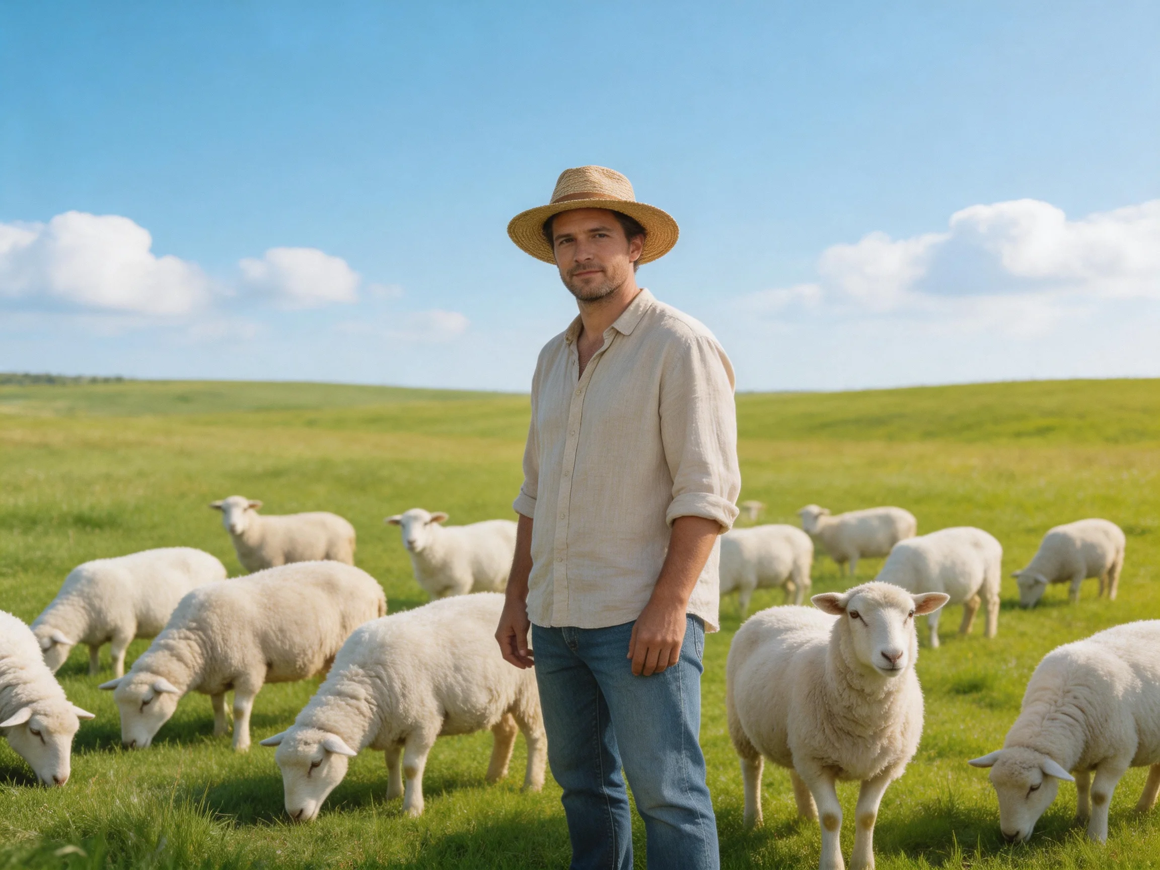 A man in a straw hat among white sheep in a lush green pasture