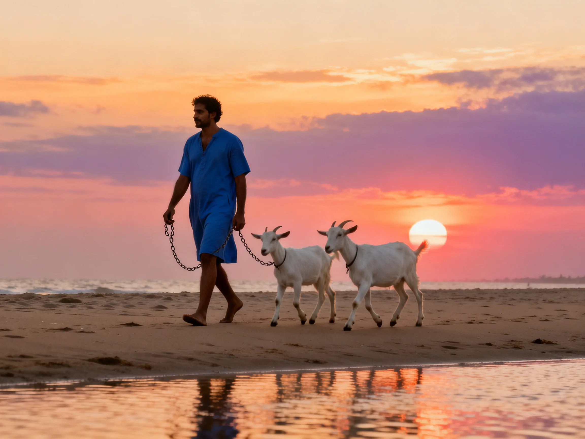 A man in blue walks two goats on a sandy beach at sunset