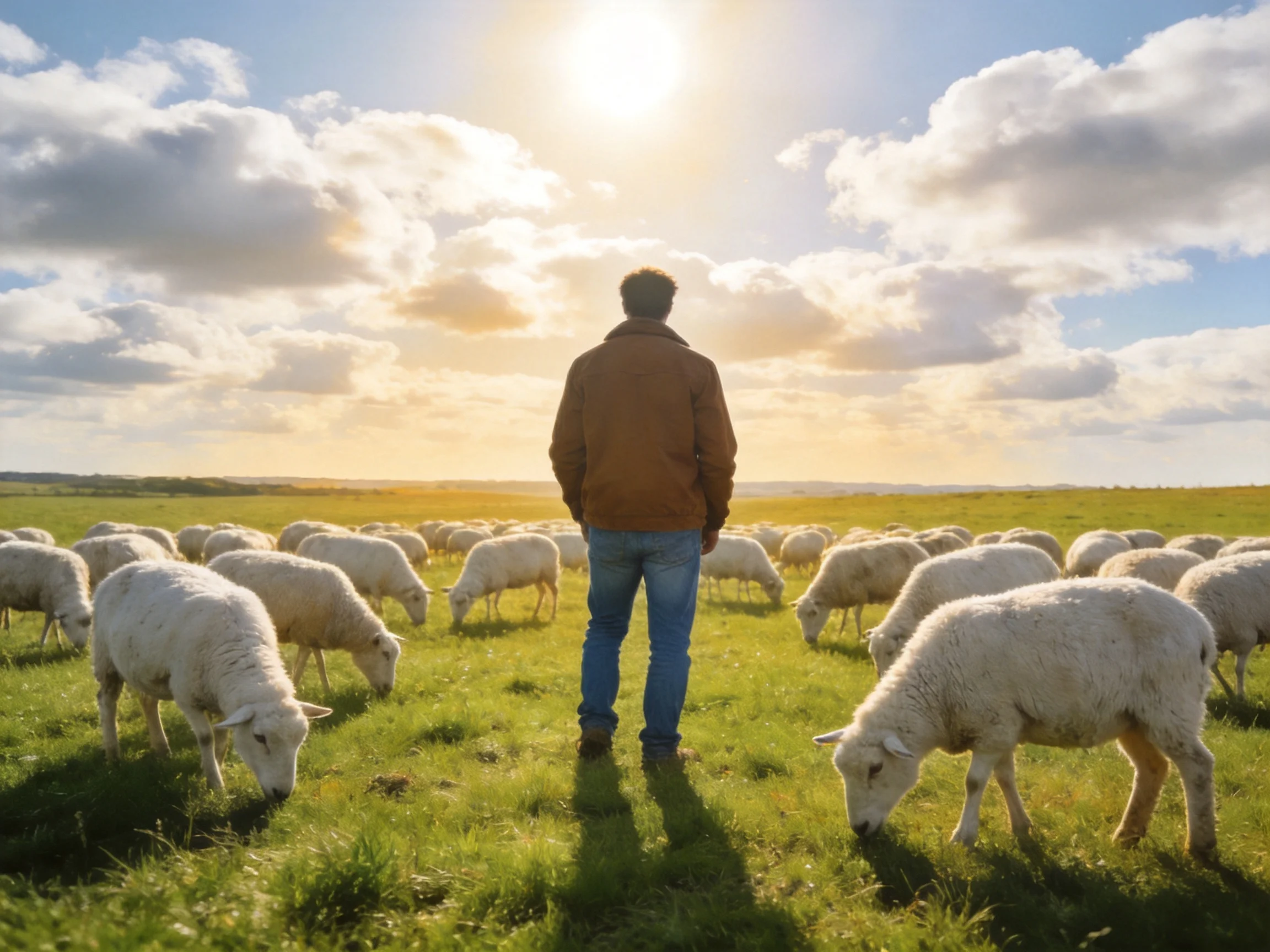 A man in brown jacket herds white sheep on sunlit green pasture