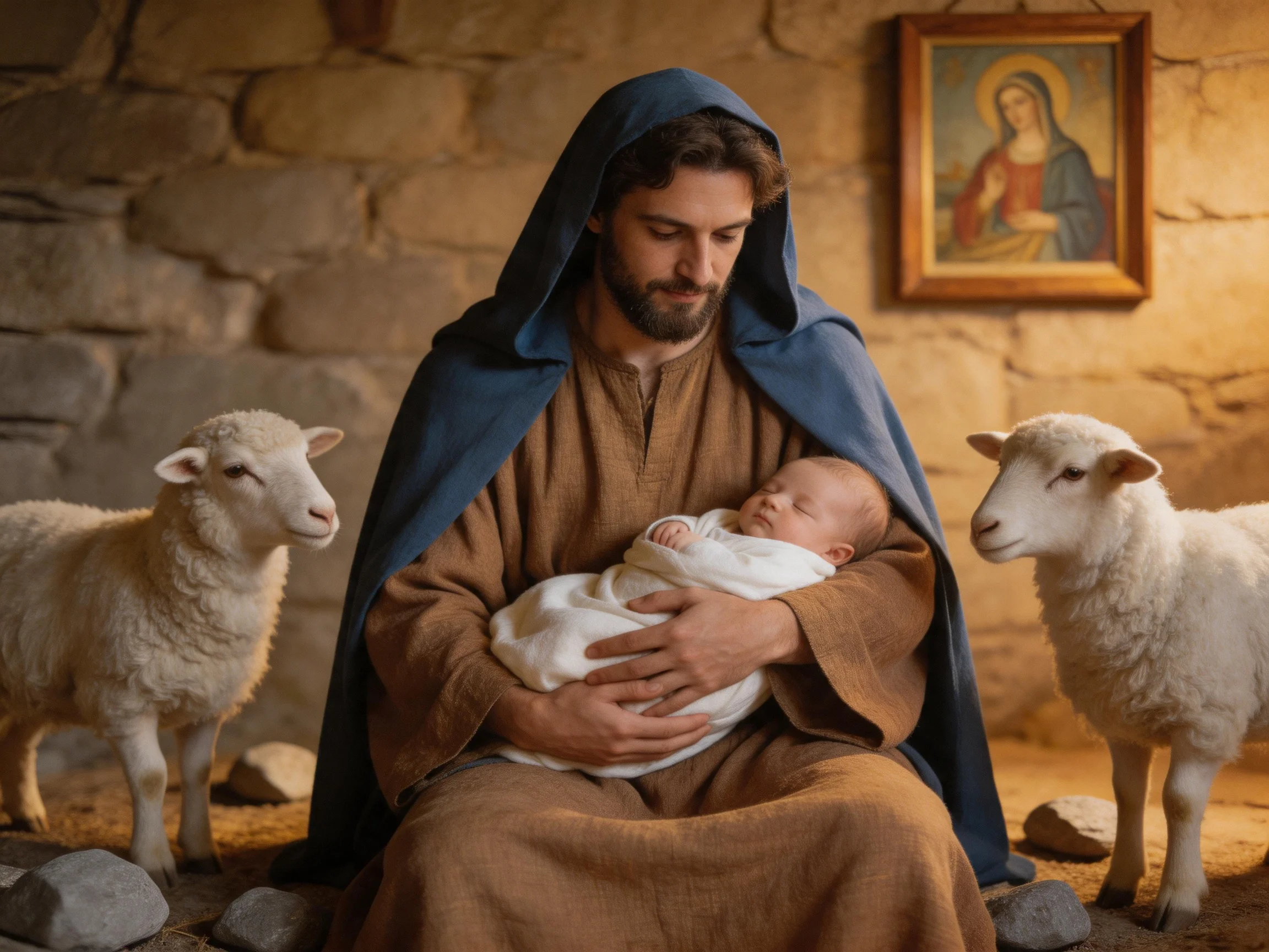 A man in brown robes holds a swaddled infant near two sheep by a stone wall