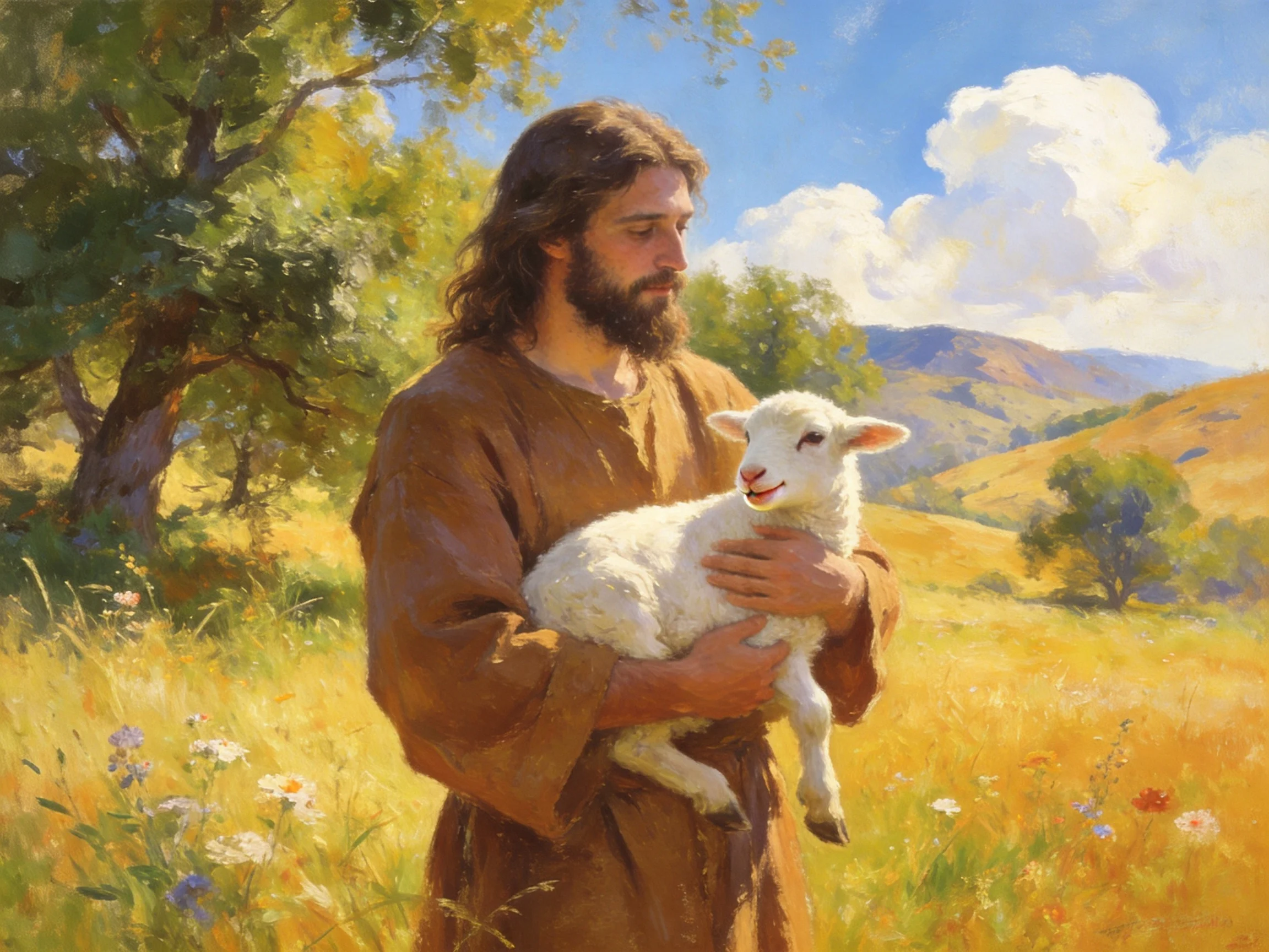 A man in brown robes holds a white lamb in a sunlit meadow