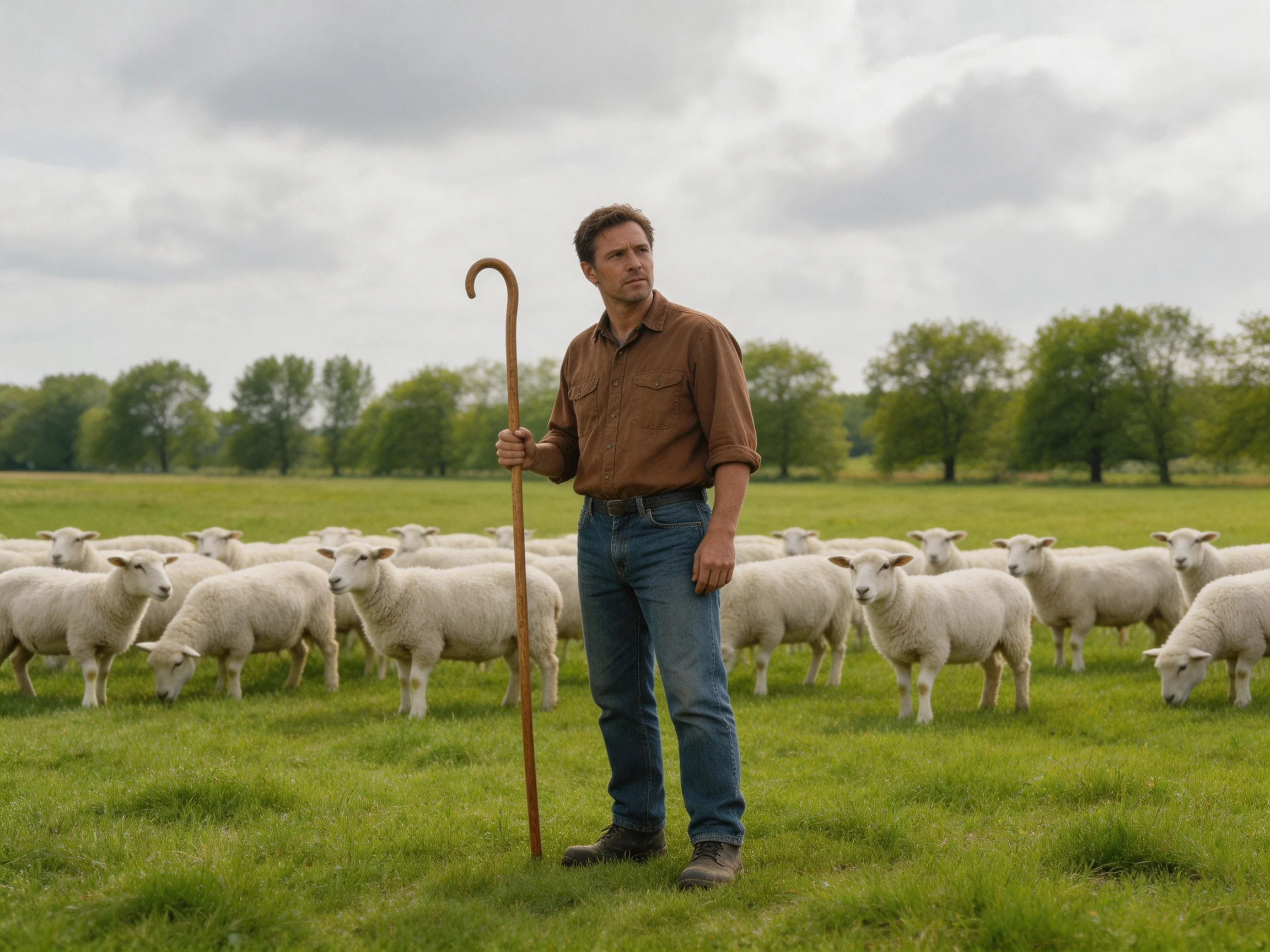 A man in brown shirt herds white sheep with wooden staff
