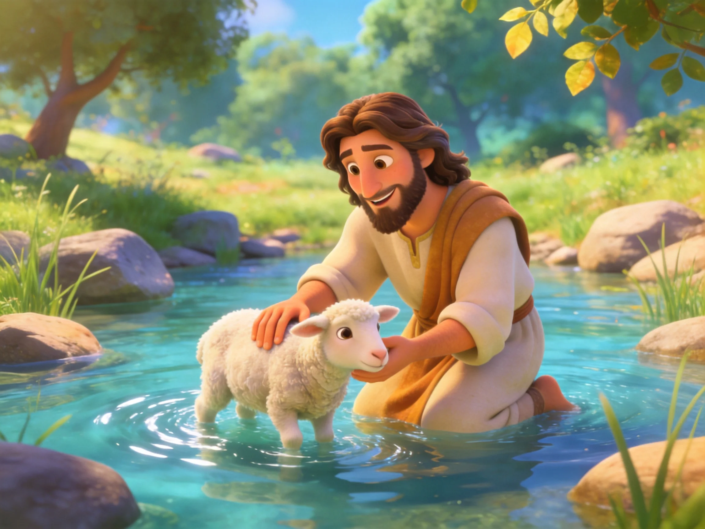 A man in earth-toned robes guiding a white lamb through clear blue water