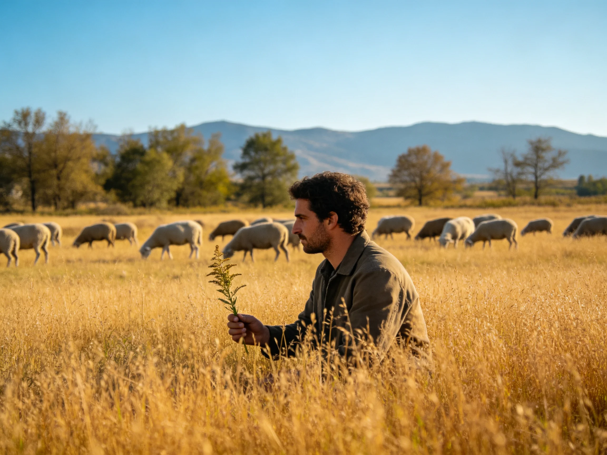 A man in golden grass with grazing sheep and distant mountains