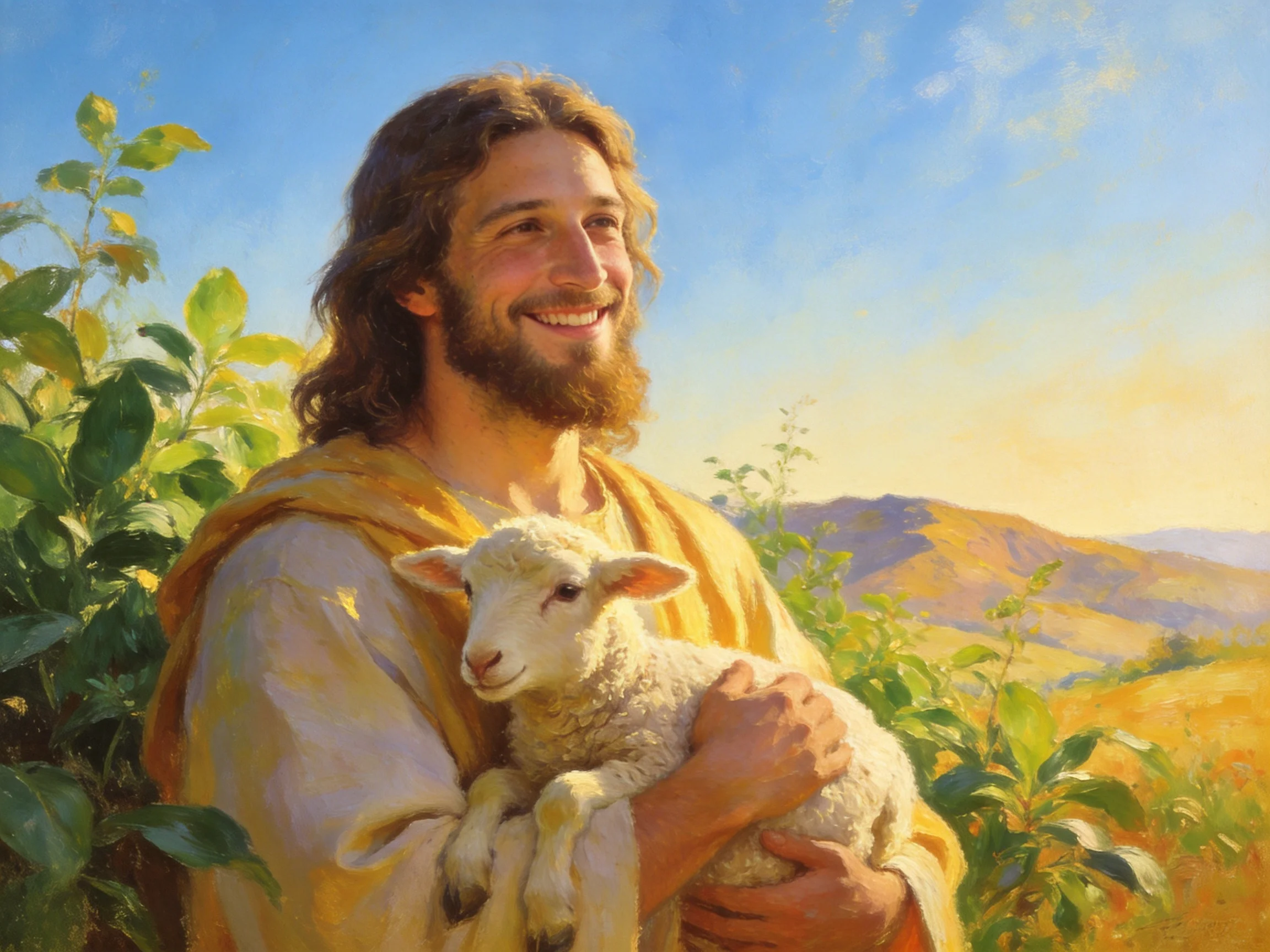 A man in golden robes holds a white lamb near lush greenery and rolling hills