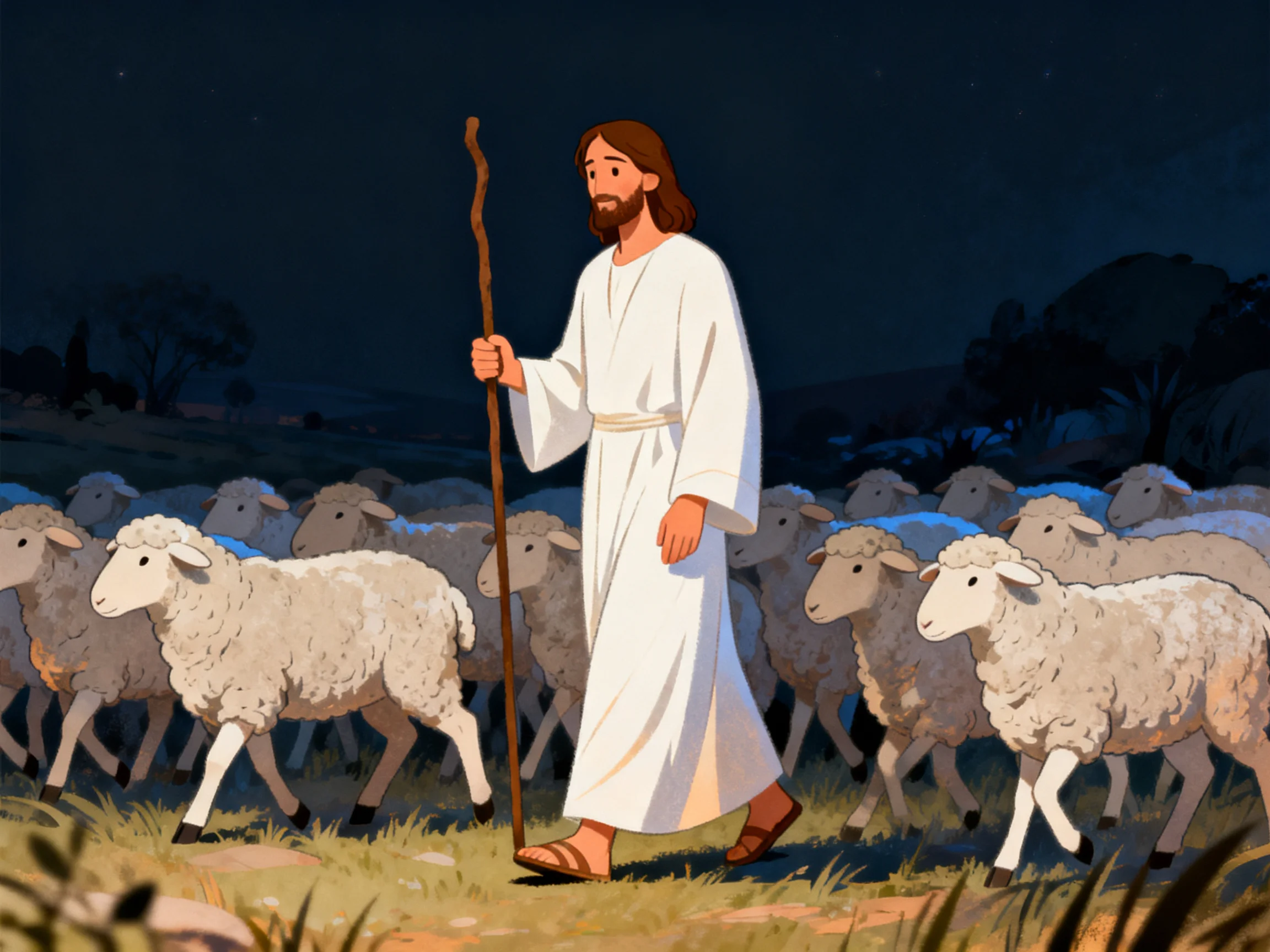 A man in white robe herding sheep under dark night sky