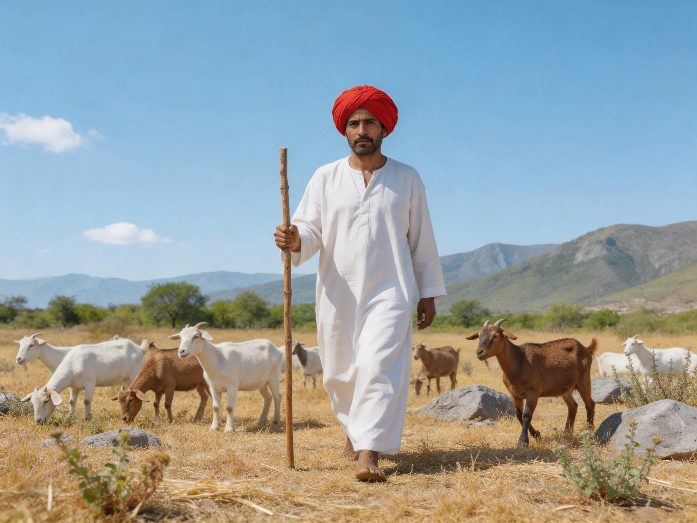 A man in white robes herds goats near rocky terrain with mountain backdrop