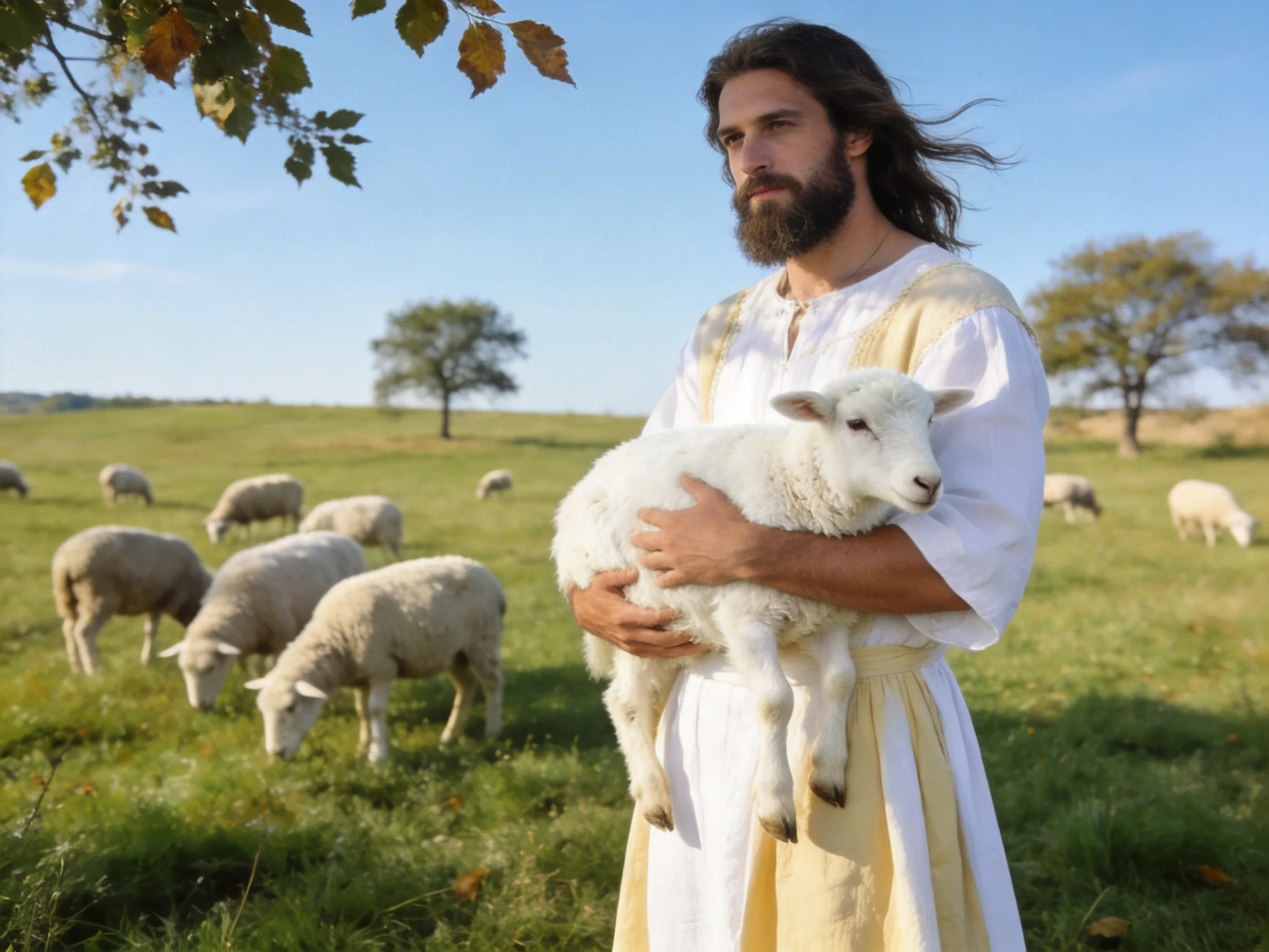 A man in white robes holds a lamb near grazing sheep