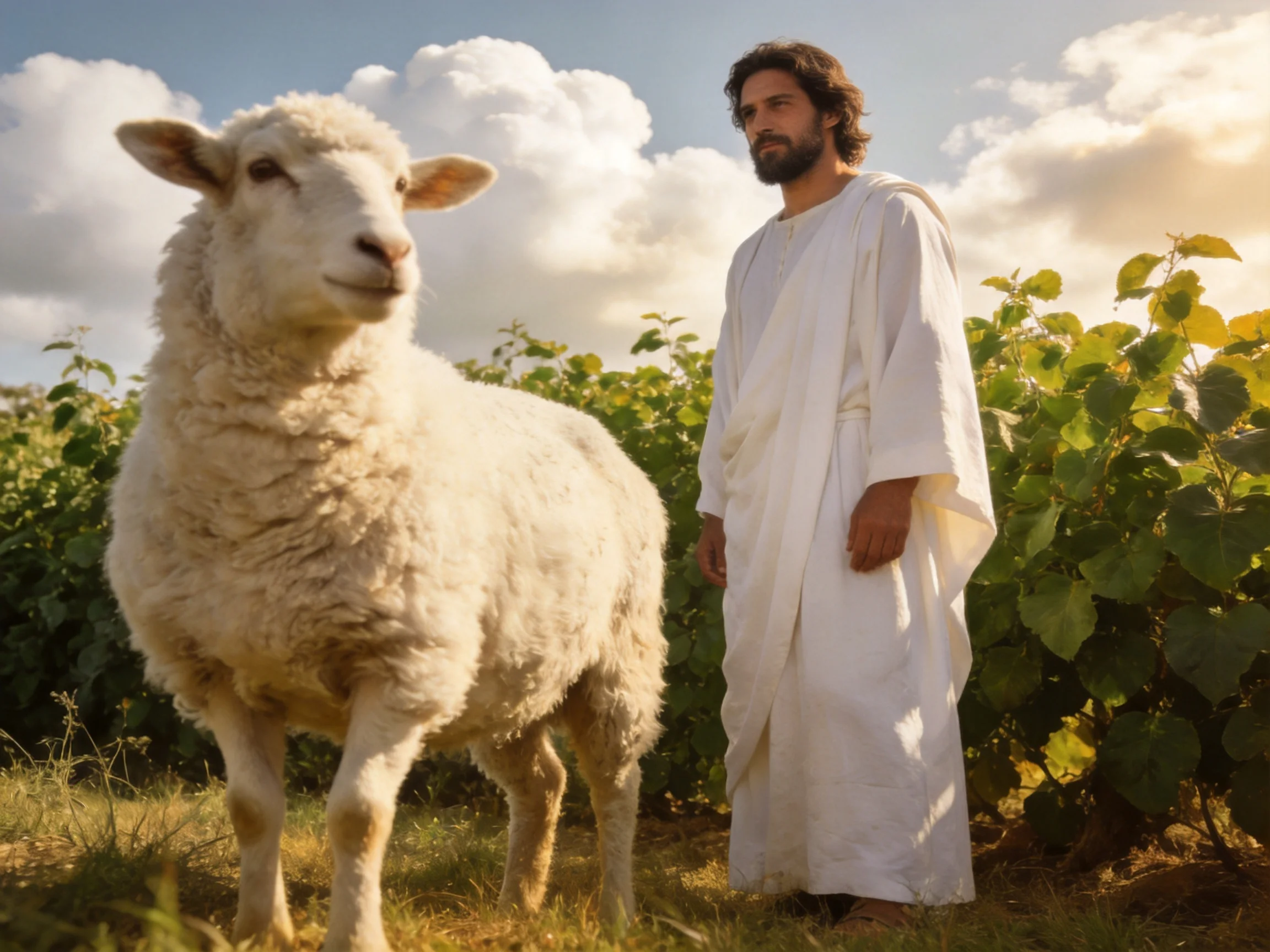A man in white robes stands by a large sheep in a sunlit meadow