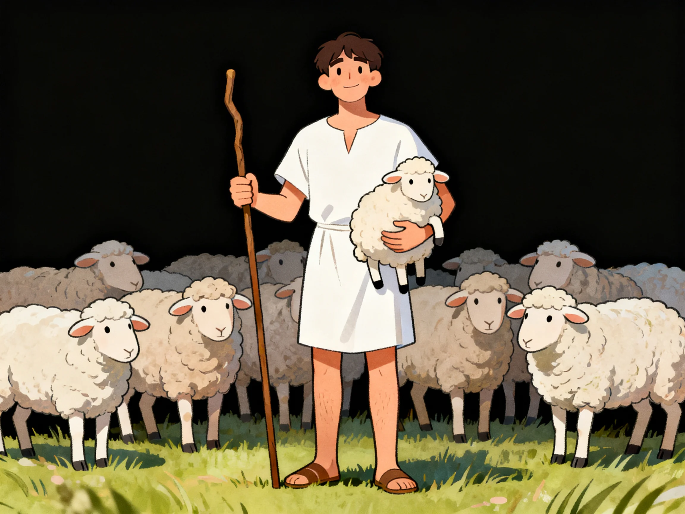 A man in white robes tends sheep with a wooden staff, holding a lamb