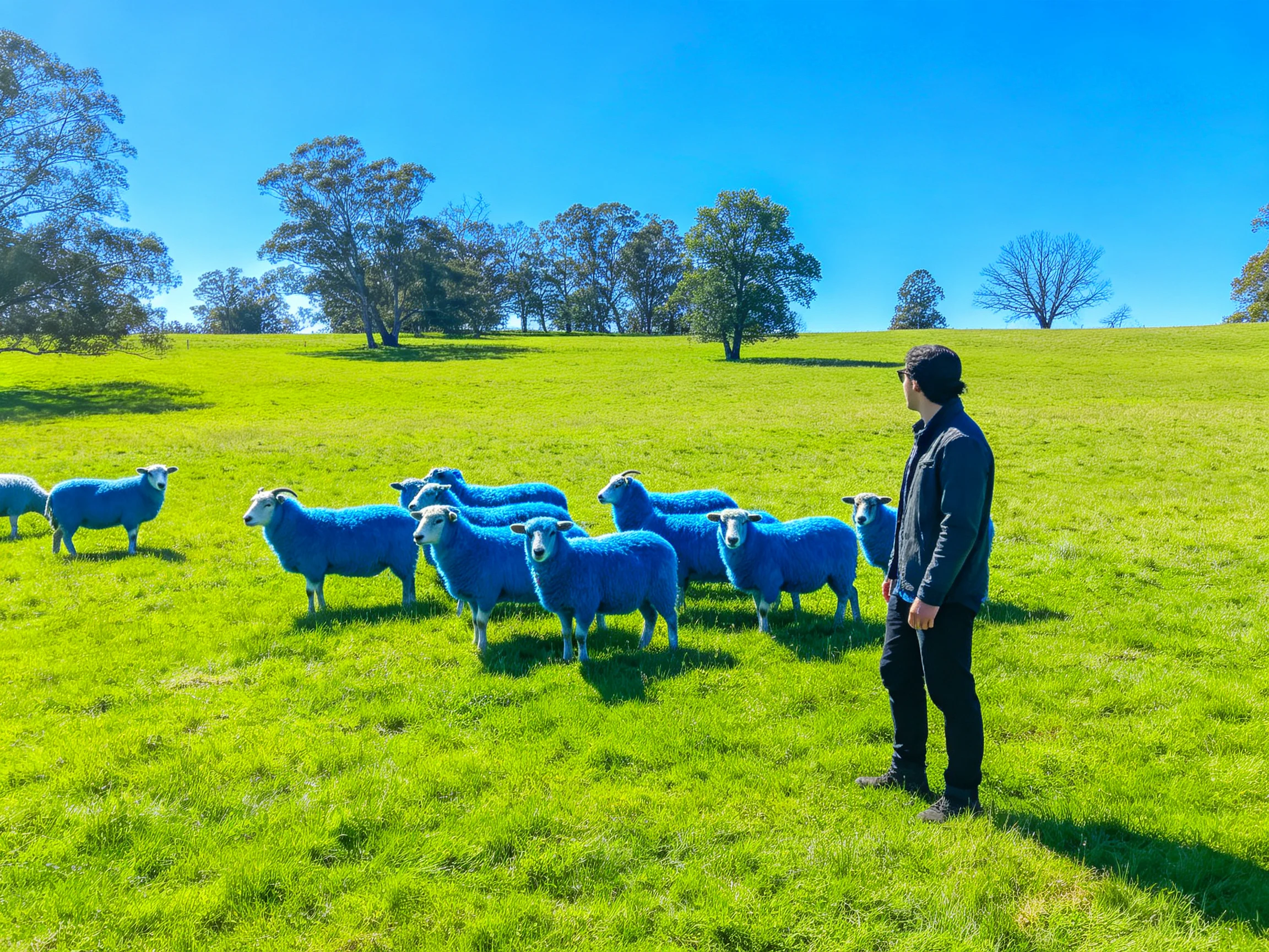 A man observes a flock of bright blue sheep in a lush green meadow