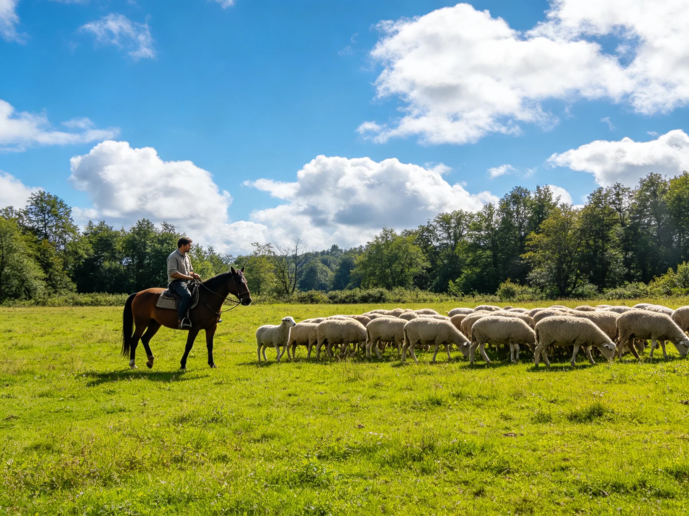 A man on a brown horse herds sheep in a green pasture