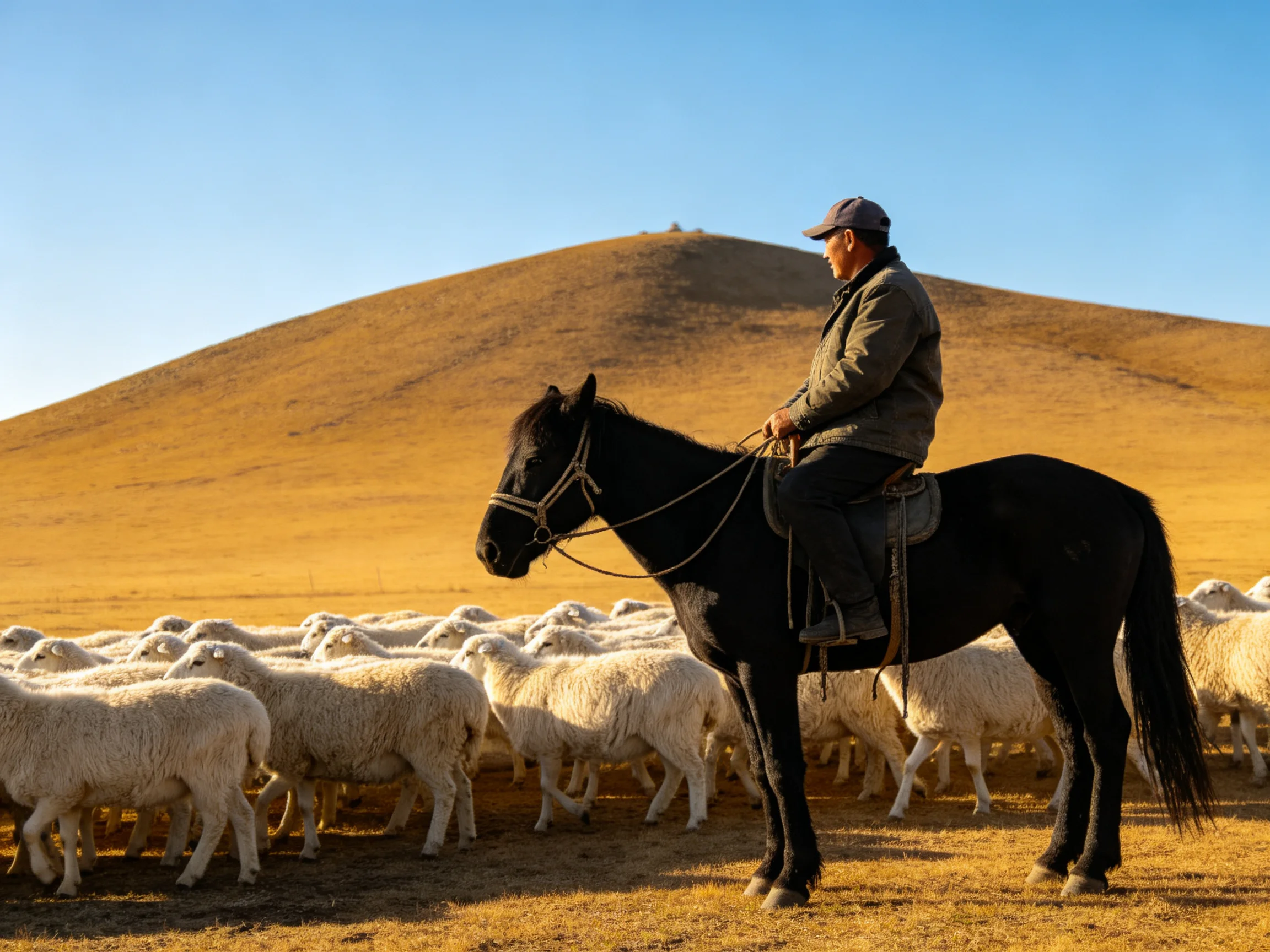 A man rides a black horse herding sheep near a golden hill.