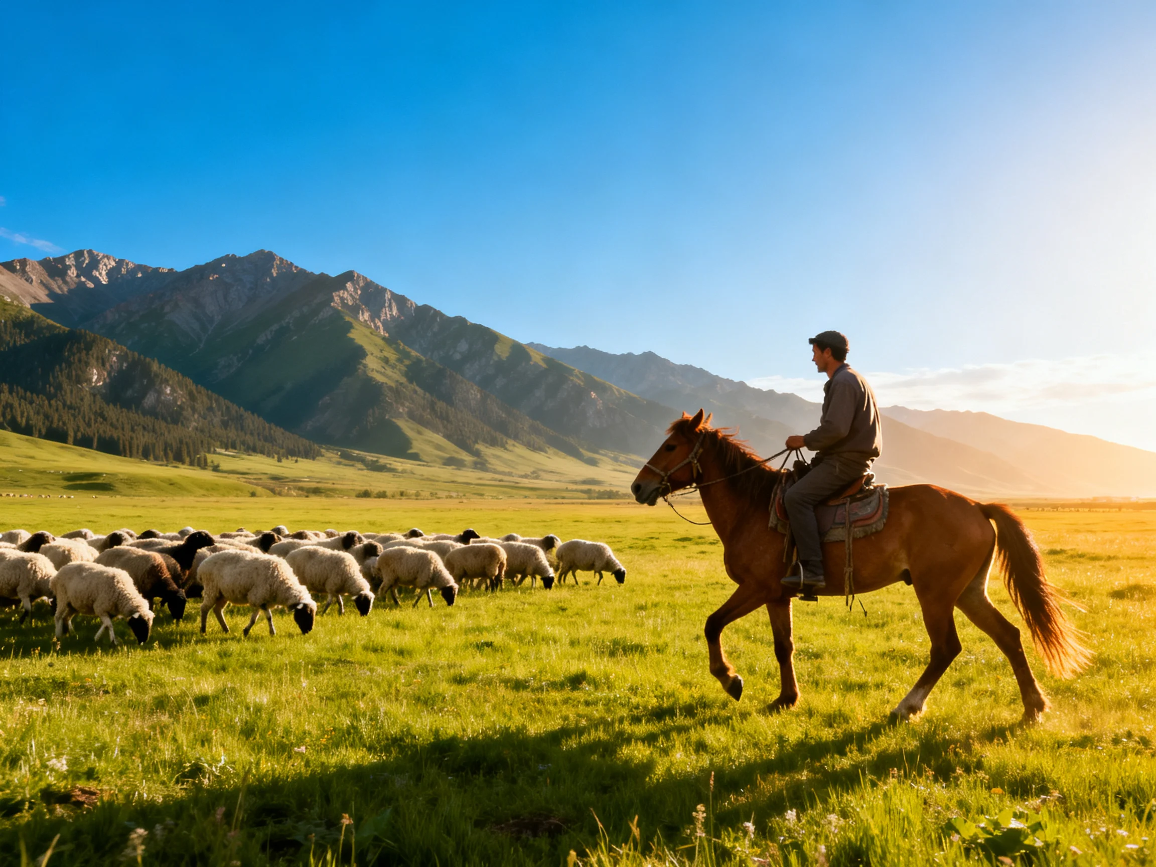 A man rides a brown horse herding sheep near green mountains