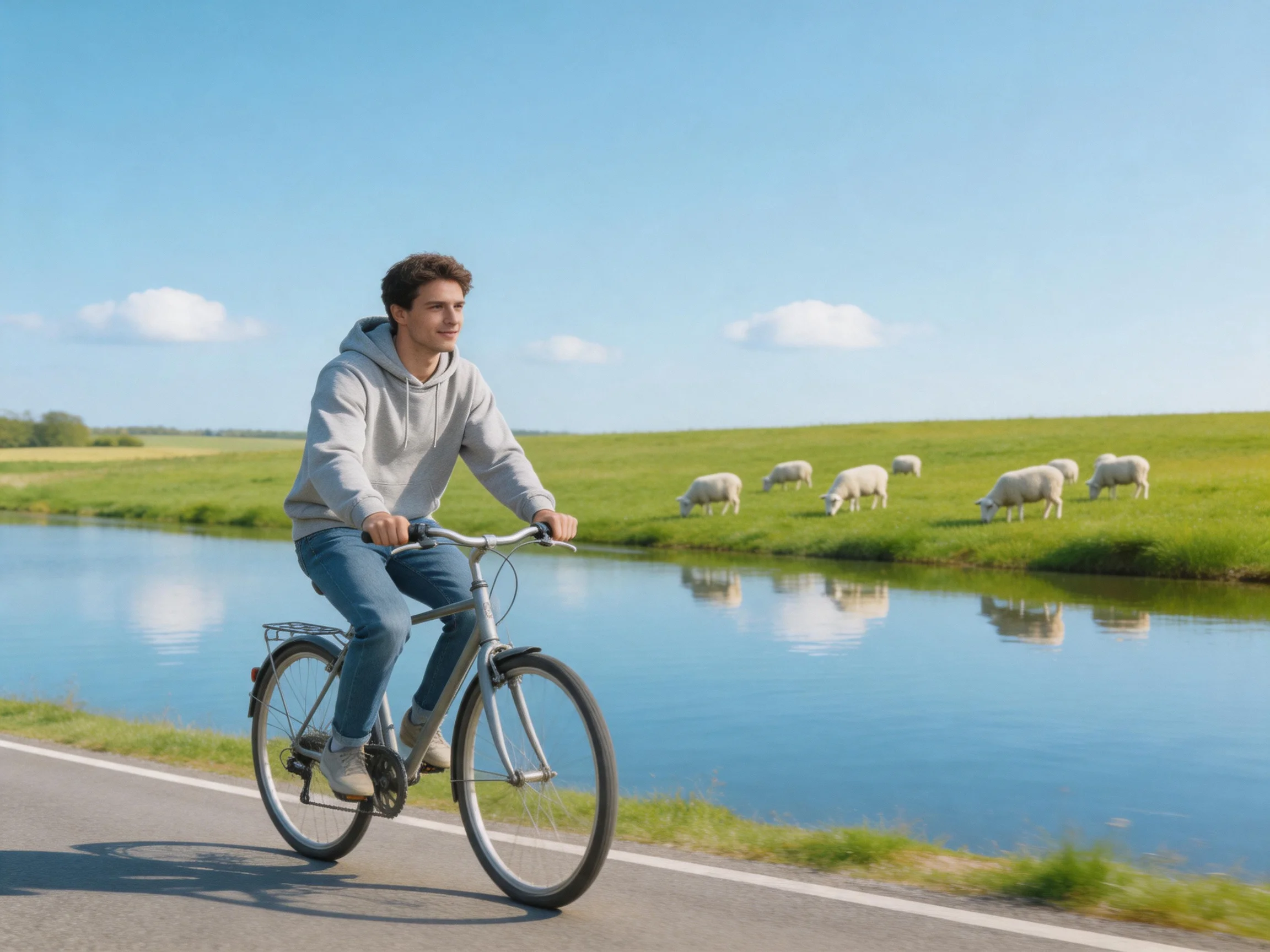 A man rides a silver bicycle by a calm river with grazing sheep