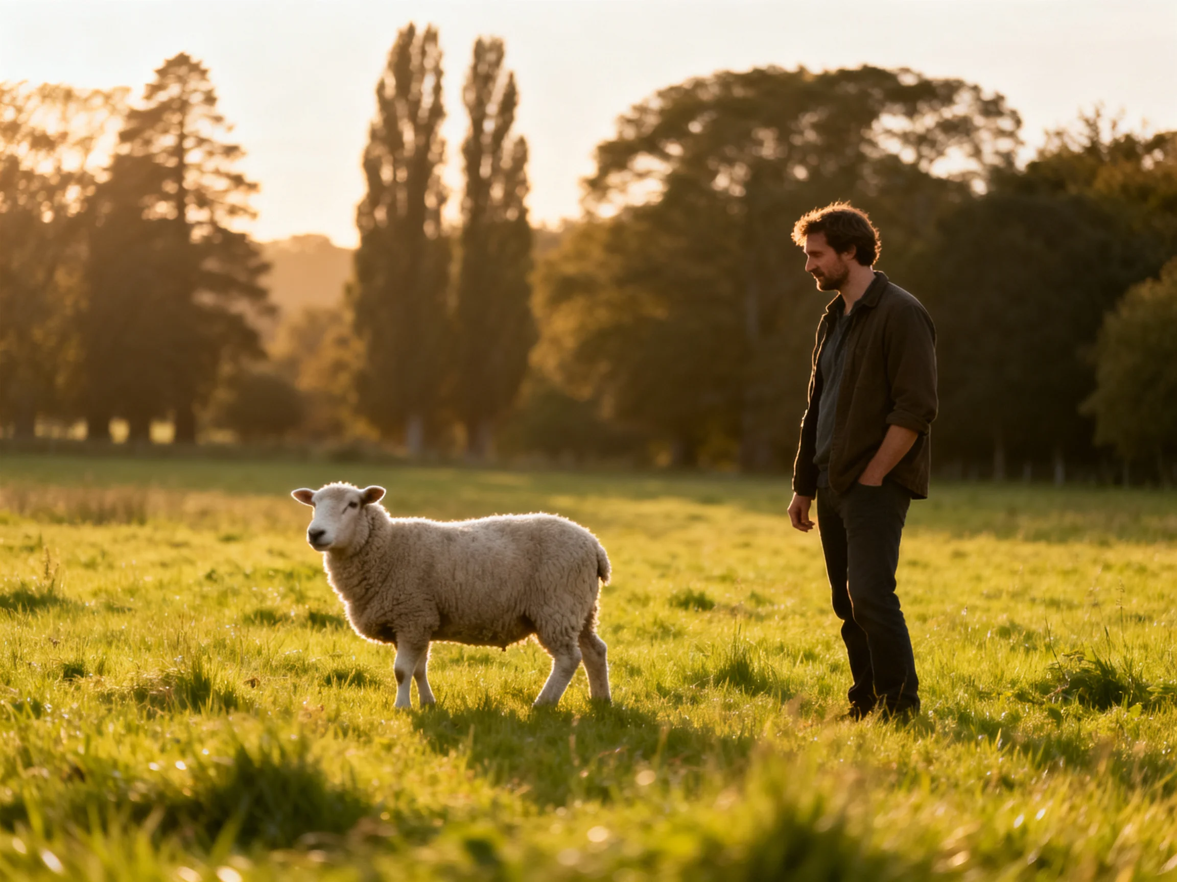 A man stands beside a sheep in a sunlit green pasture near tall trees