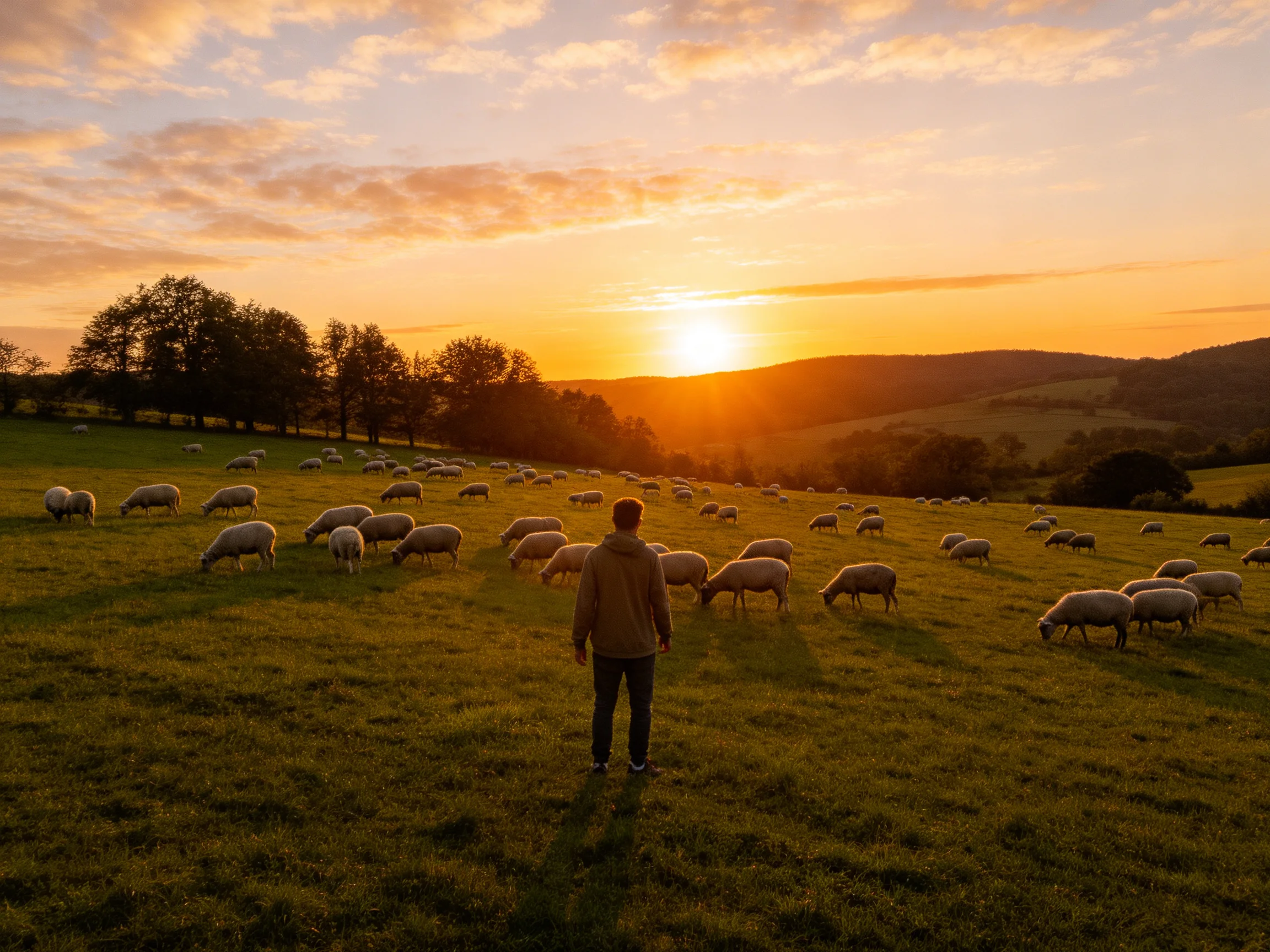 A man watches sheep graze in a golden sunset pasture