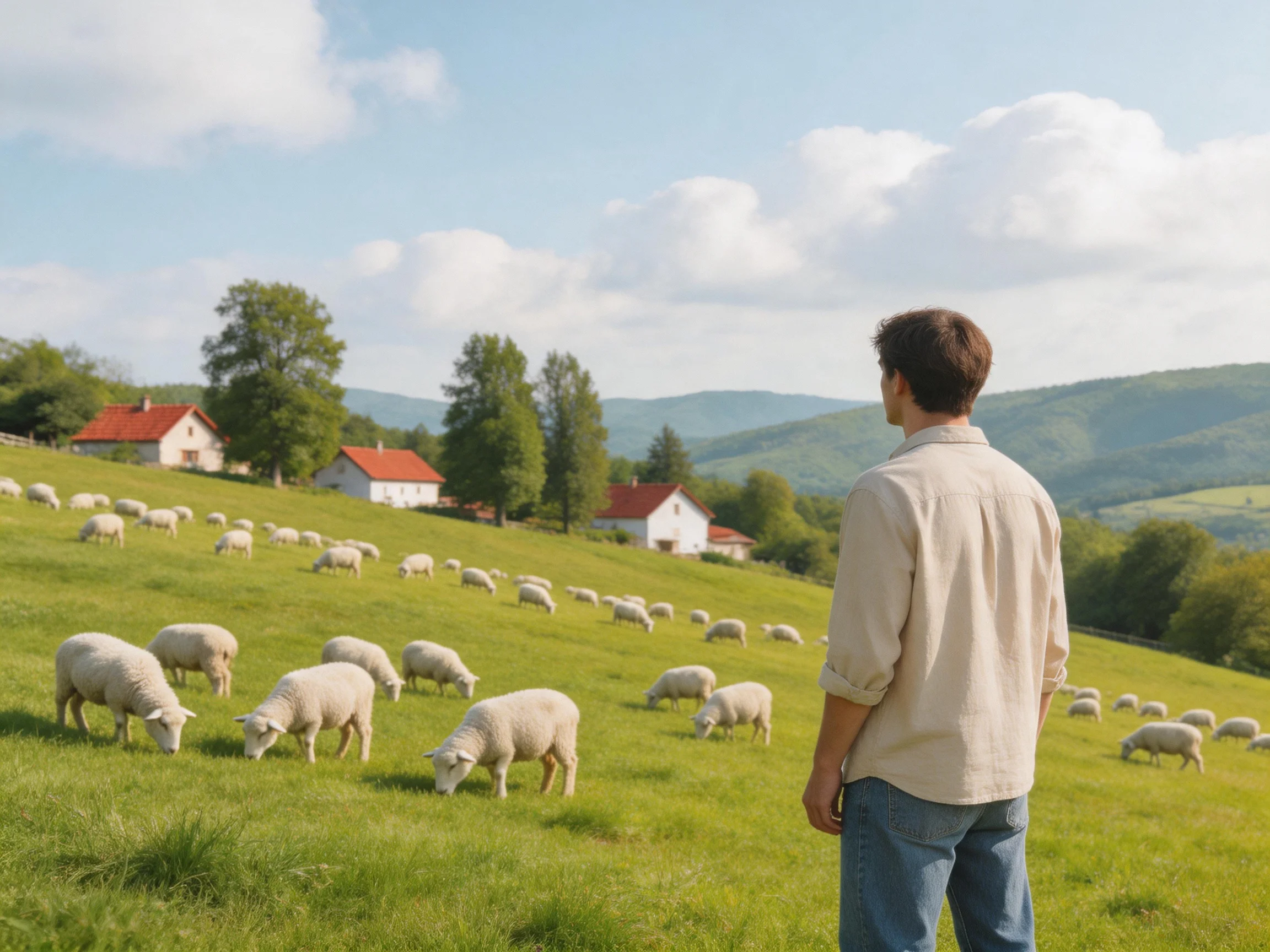 A man watches sheep graze in a verdant meadow with red-roofed cottages