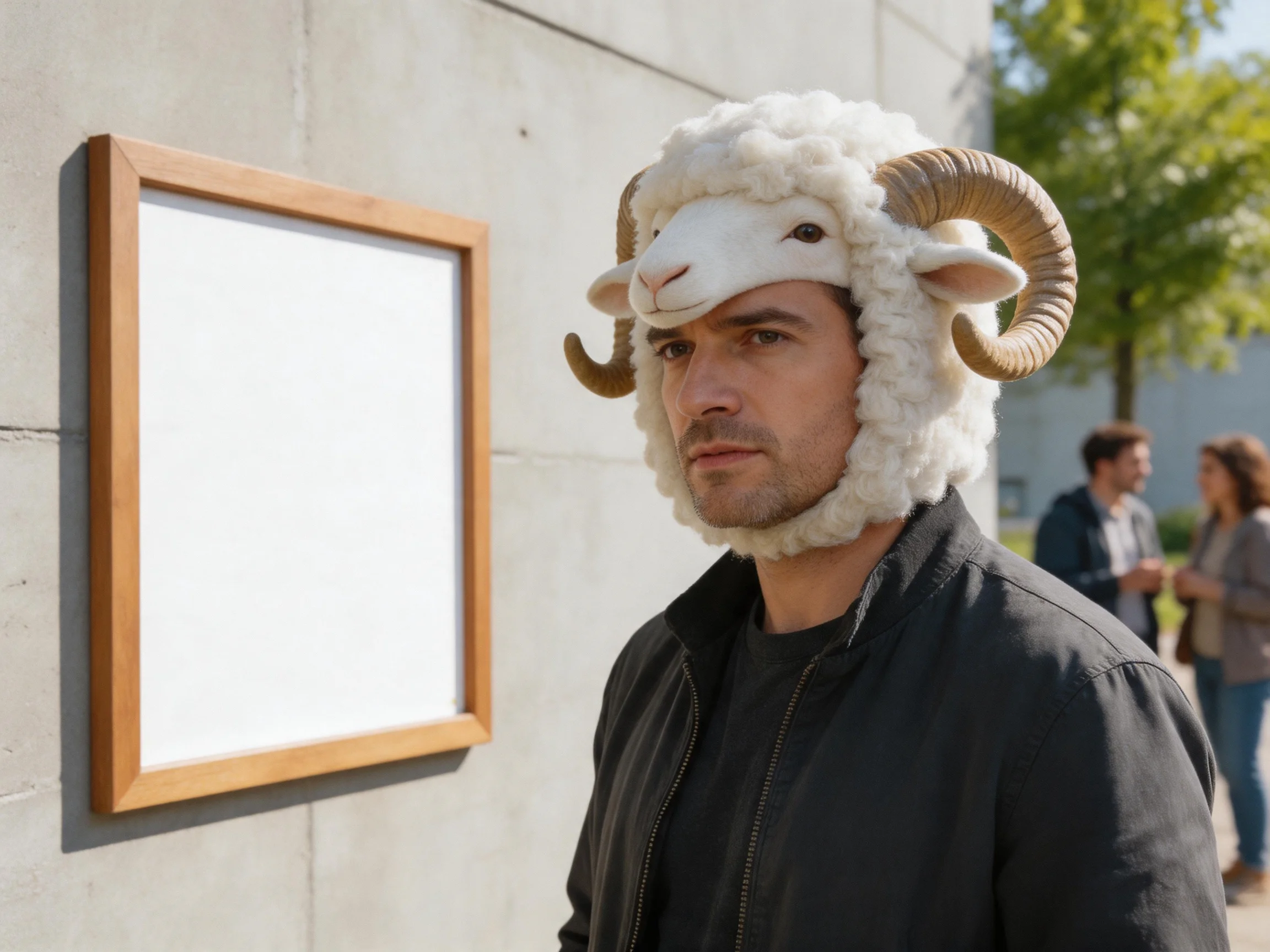 A man wears a sheep - themed headpiece near a wooden frame