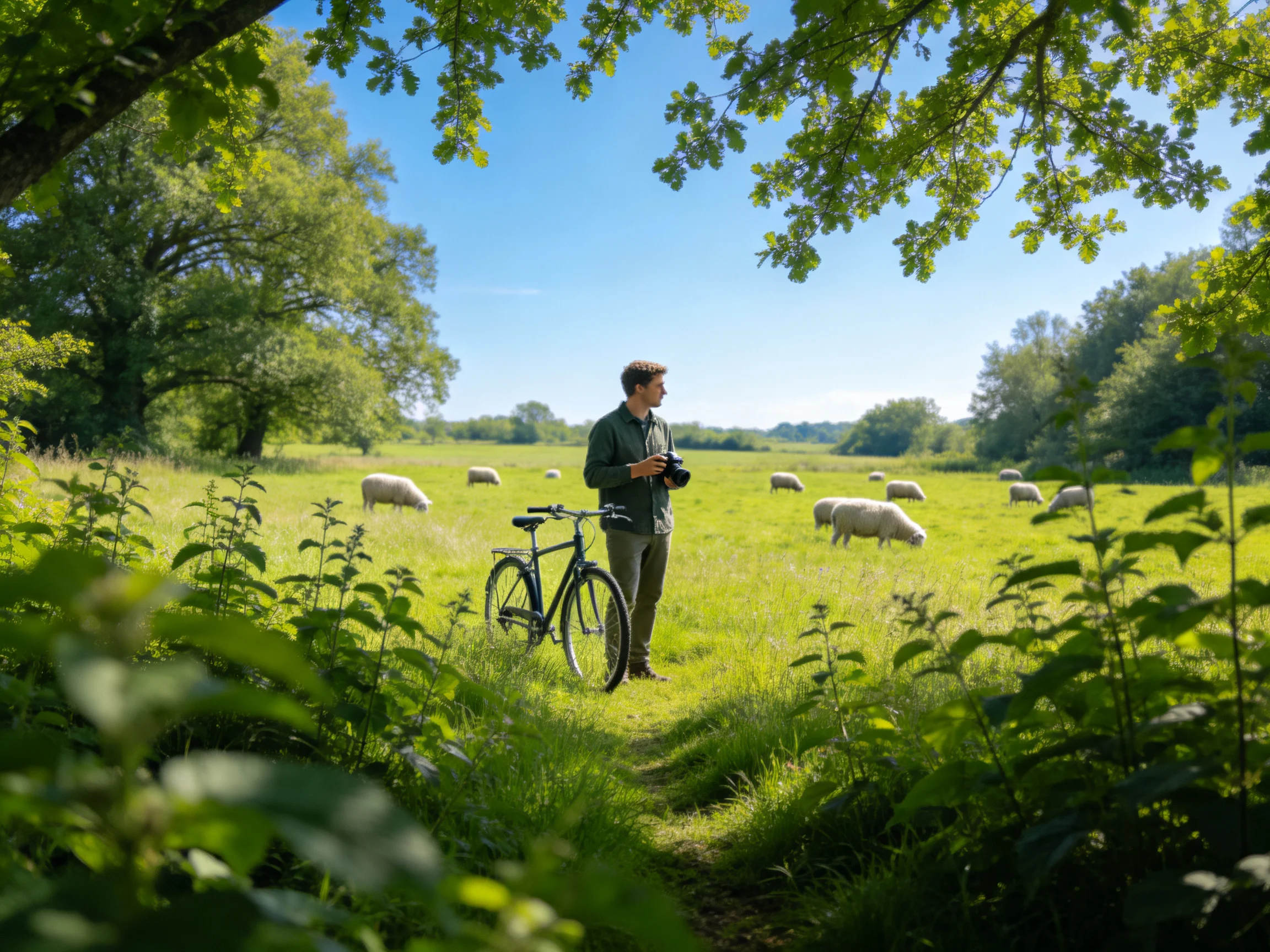 A man with a bicycle observes sheep in a sunlit meadow