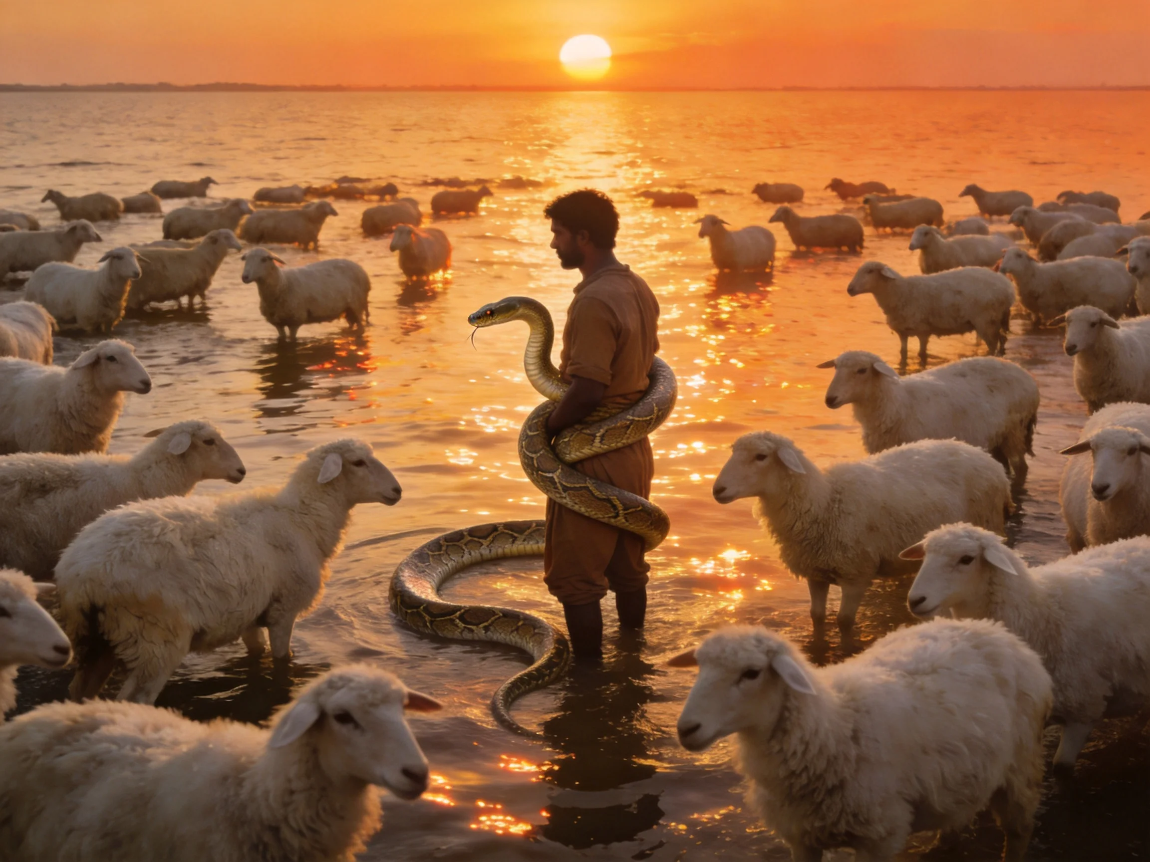 A man with a large snake herds sheep through shallow water at sunset