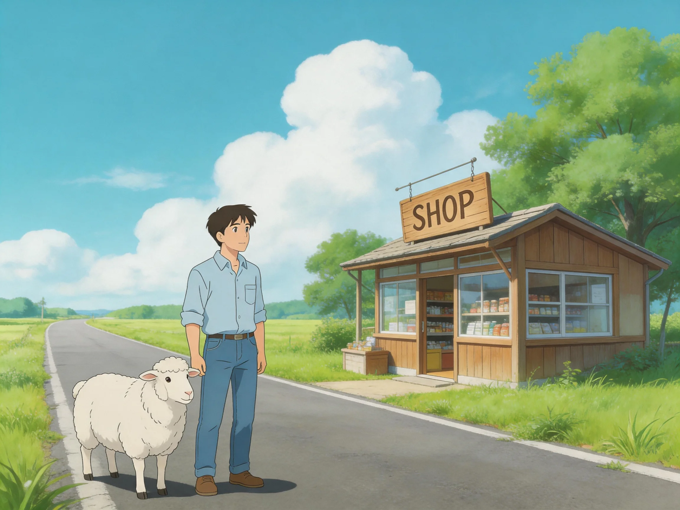 A man with a sheep stands by a wooden roadside shop under sunny skies