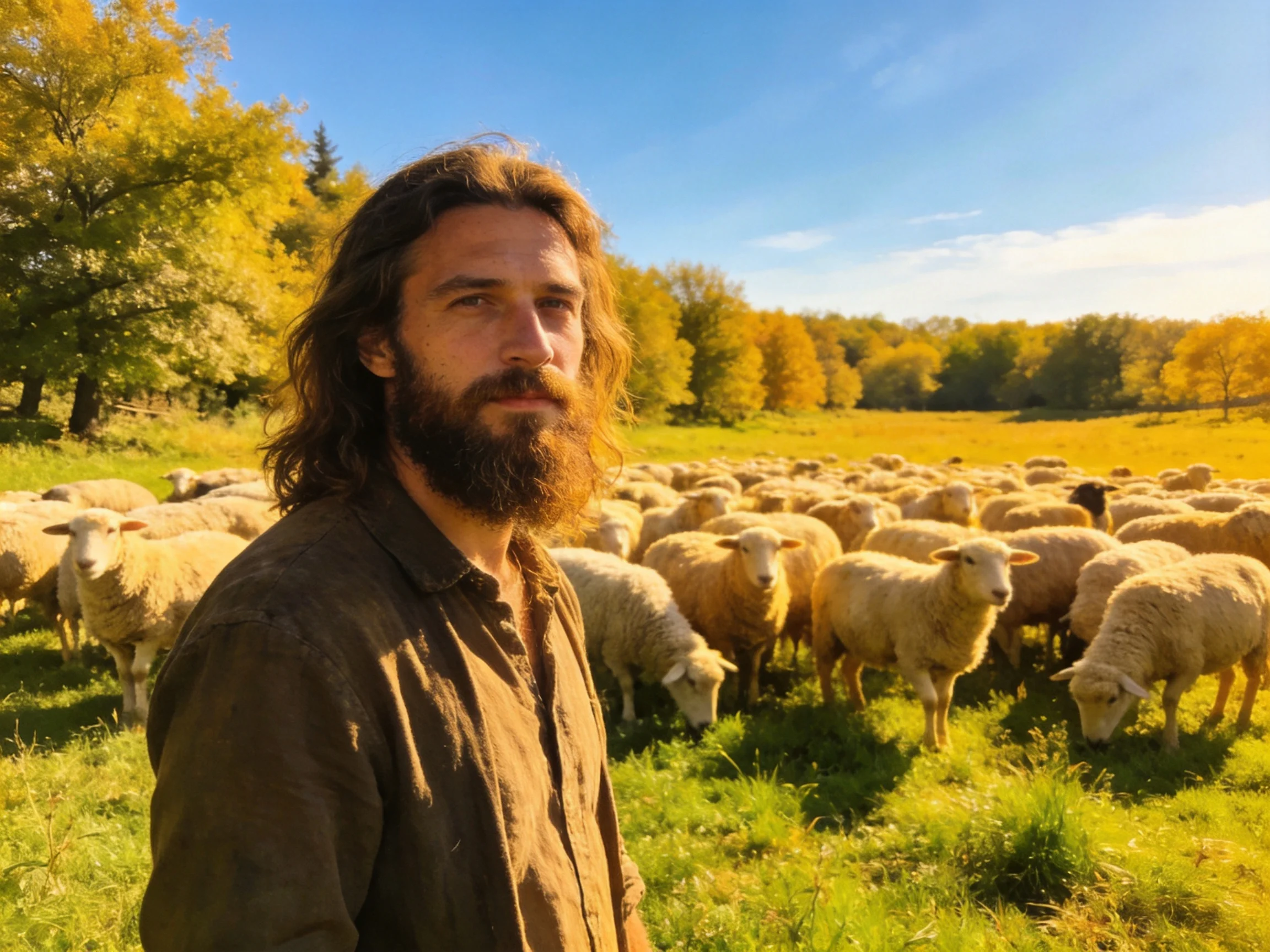A man with long hair near a large flock of sheep in a sunlit meadow