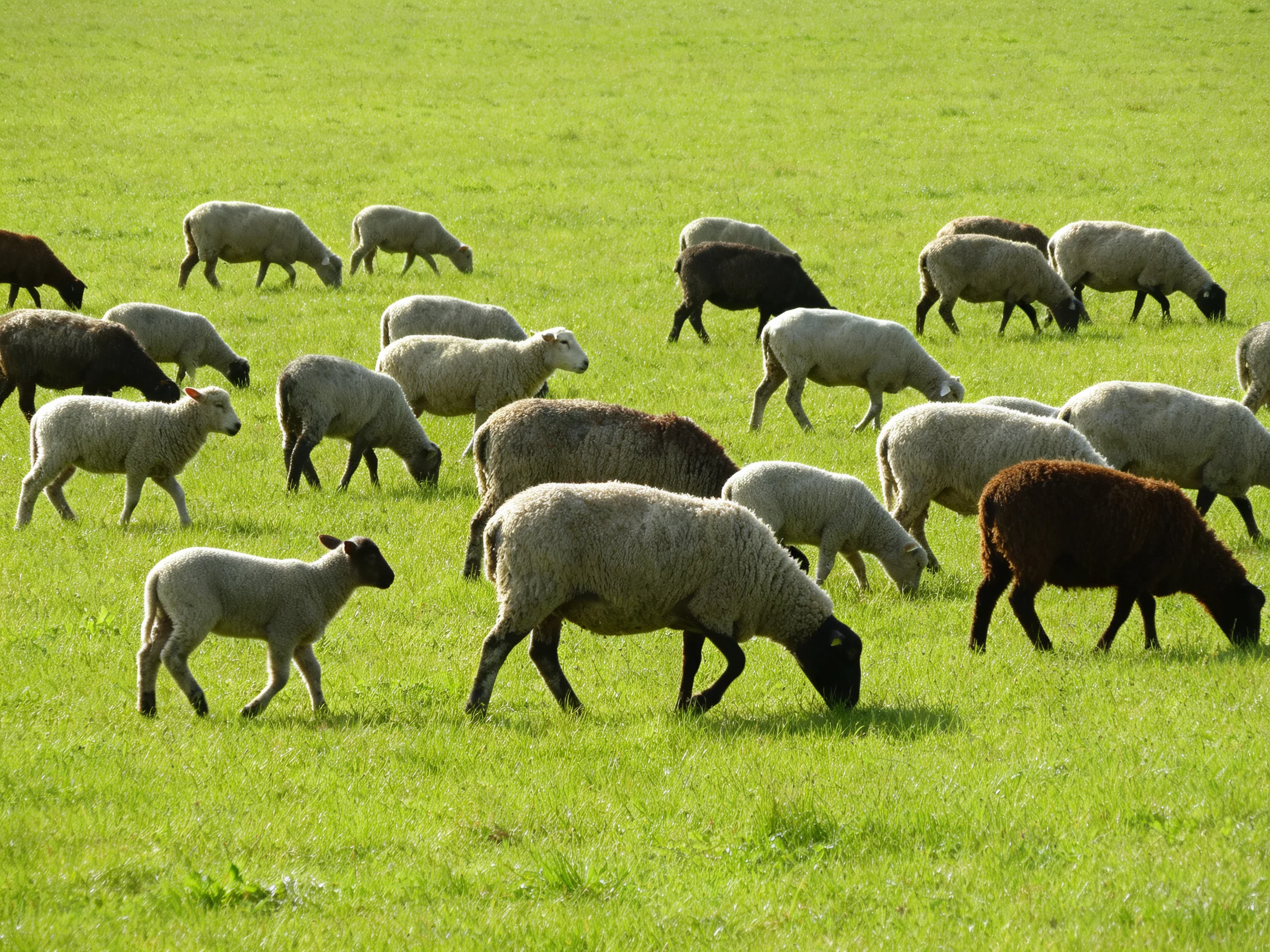 A mixed flock of sheep and lambs in a green pasture