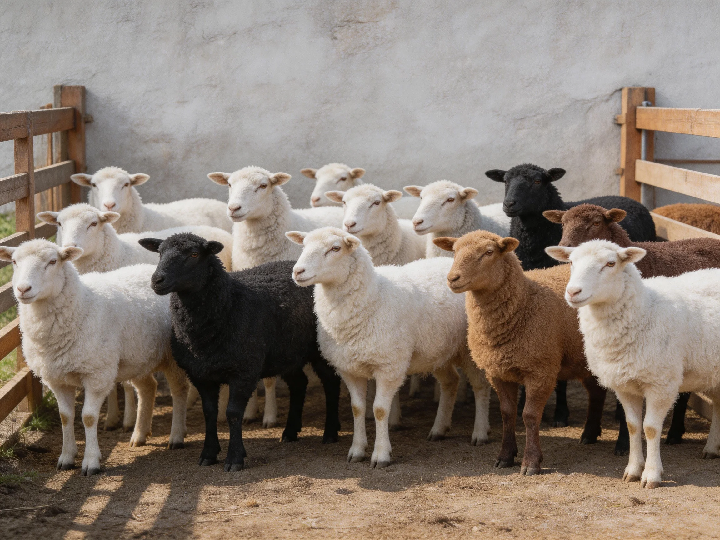 A mixed flock of sheep in white, black, brown near wooden fencing