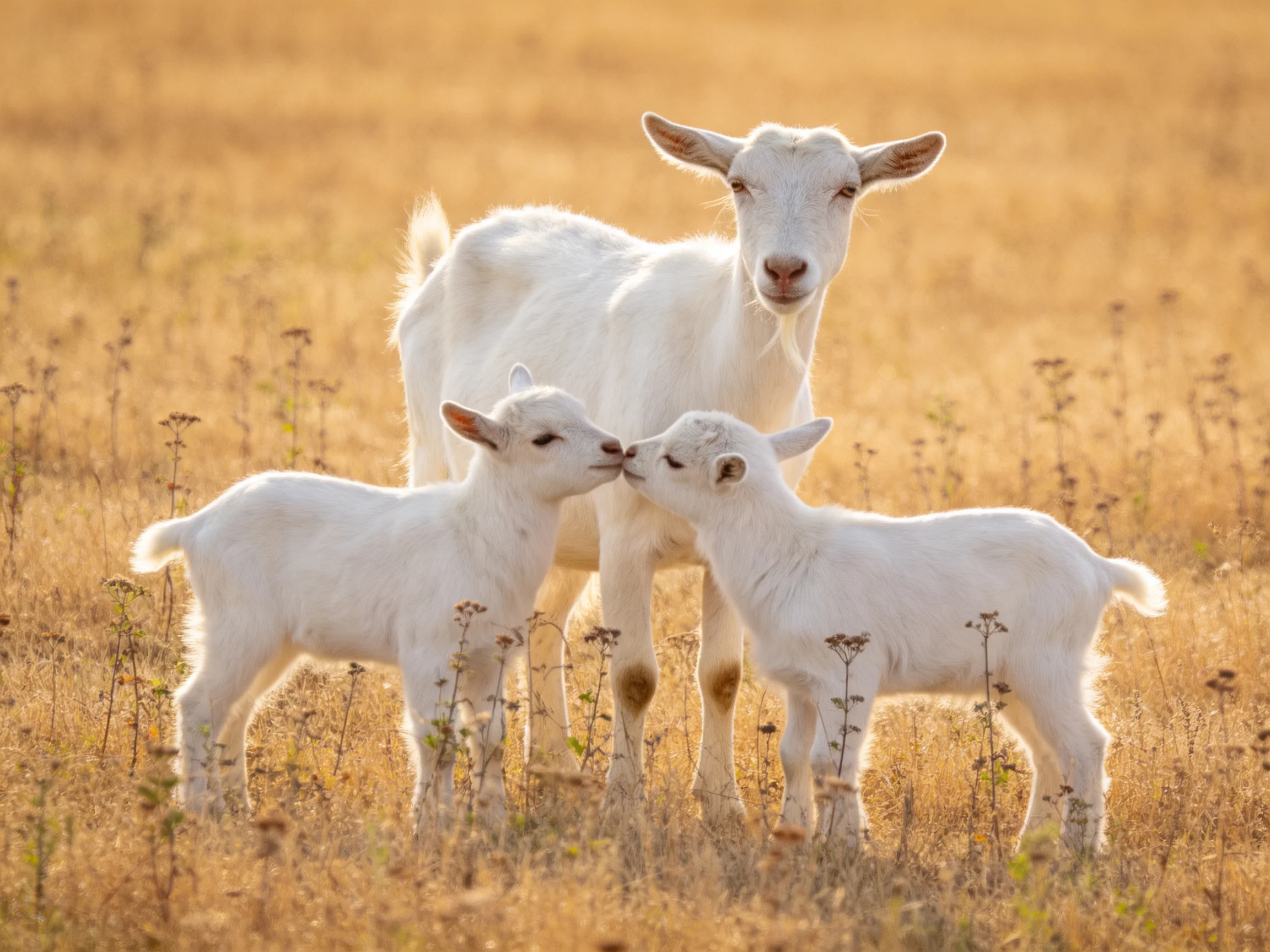 A mother goat and two white kids in a golden, sunlit meadow