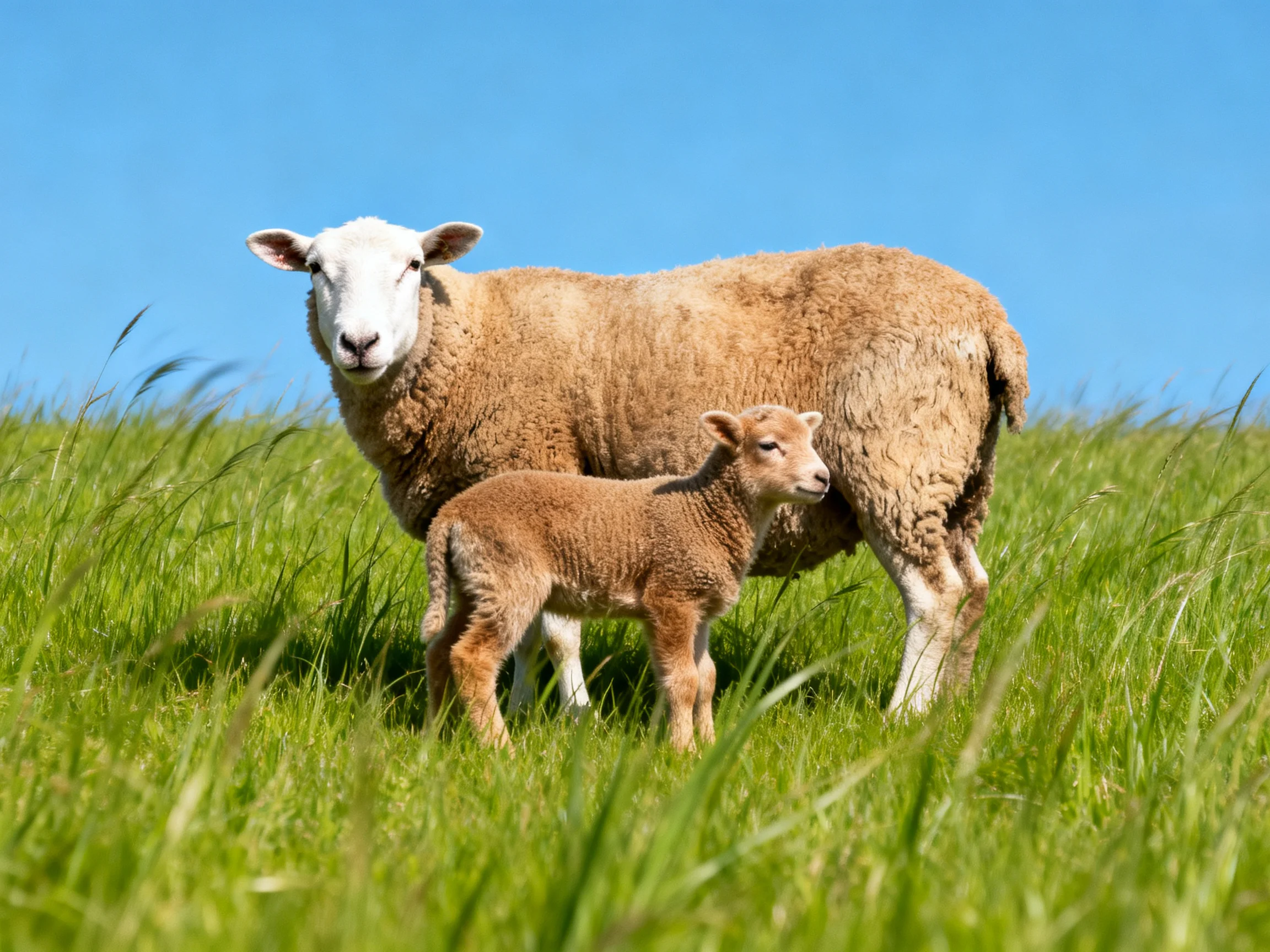 A mother sheep and lamb graze in a lush green meadow under clear blue sky