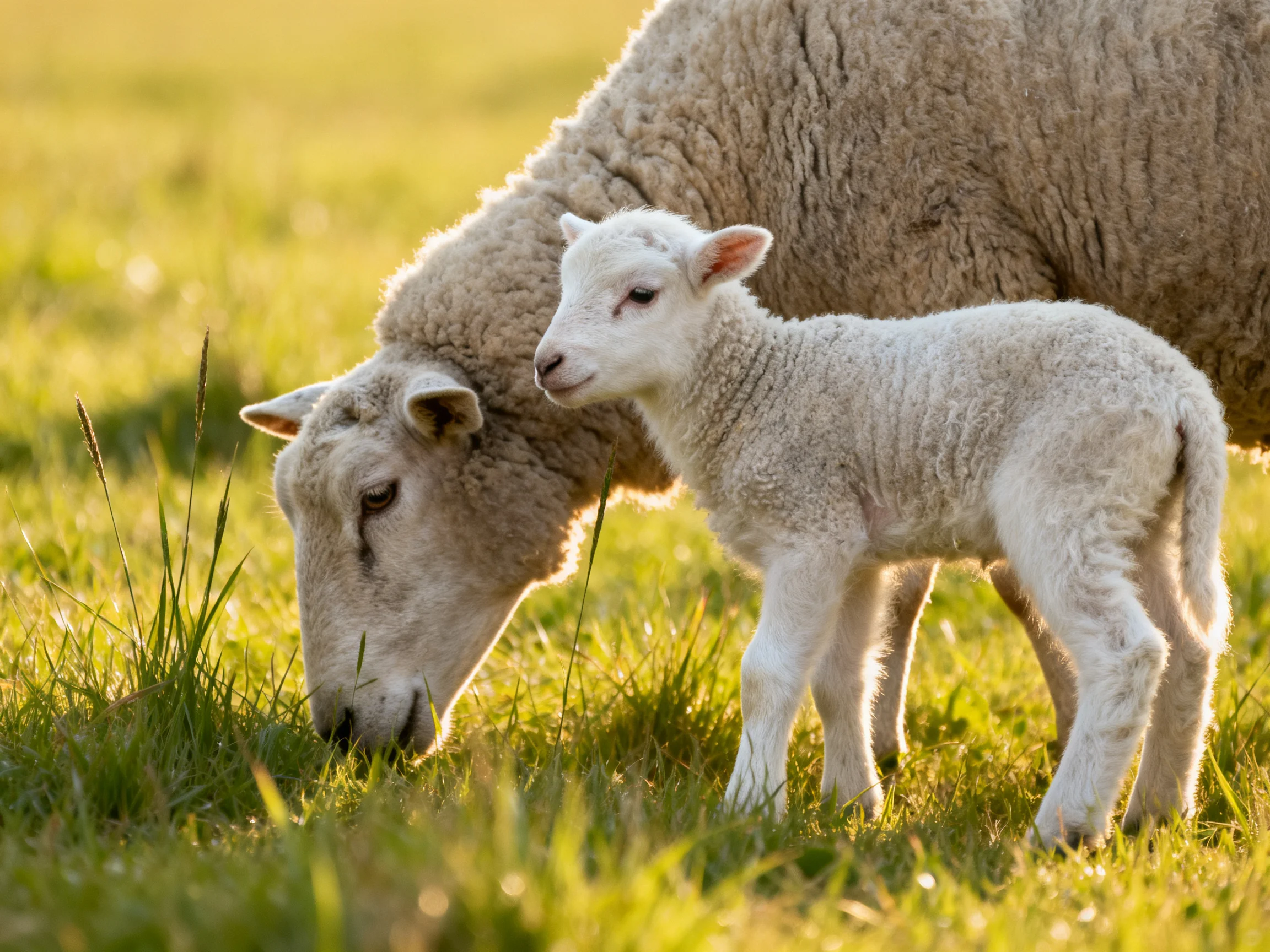 A mother sheep and lamb graze in a sunlit green pasture