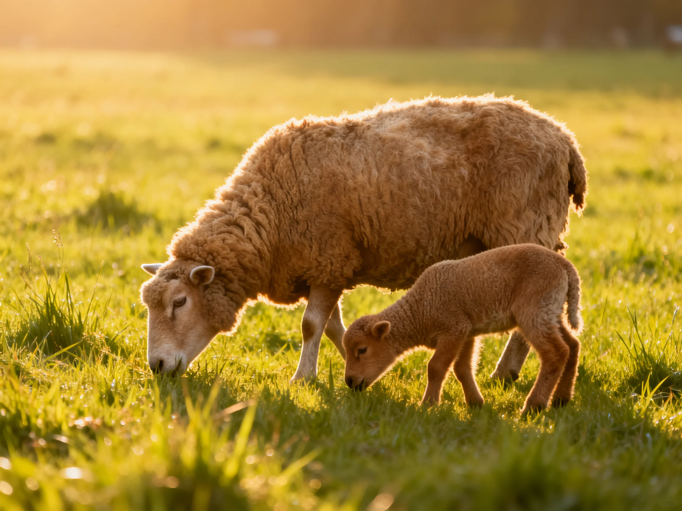 A mother sheep and lamb graze in a sunlit green pasture