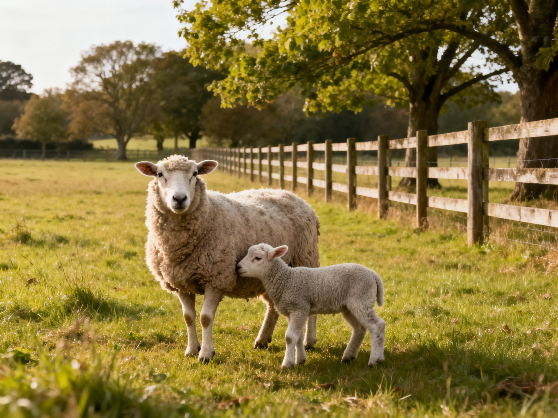 A mother sheep and lamb in a sunlit fenced grassy field